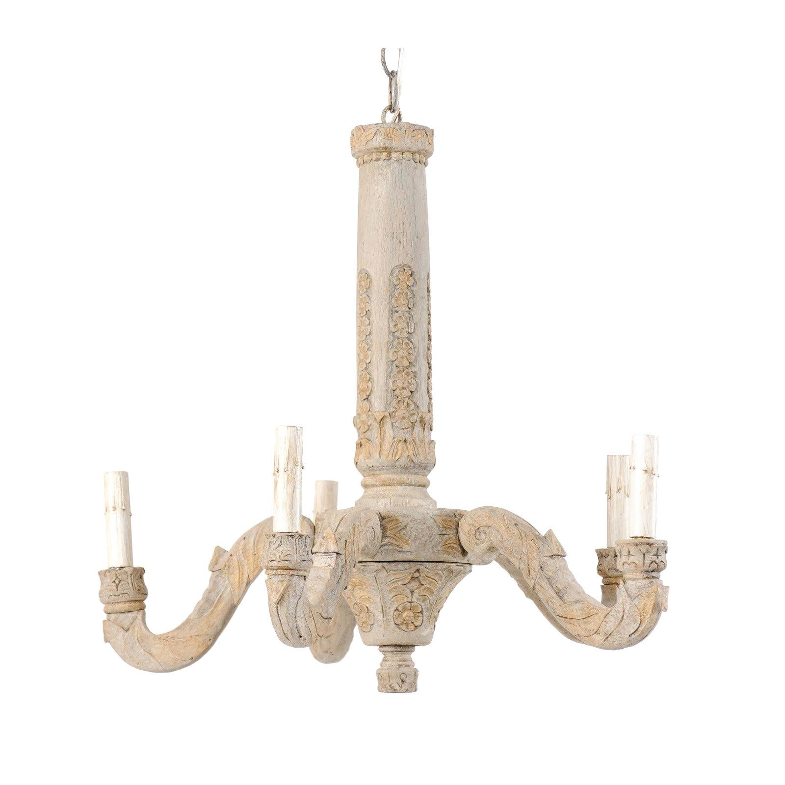 French 5-Light Carved and Painted Wood Chandelier from the Mid-20th Century