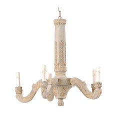French 5-Light Carved and Painted Wood Chandelier from the Mid-20th Century