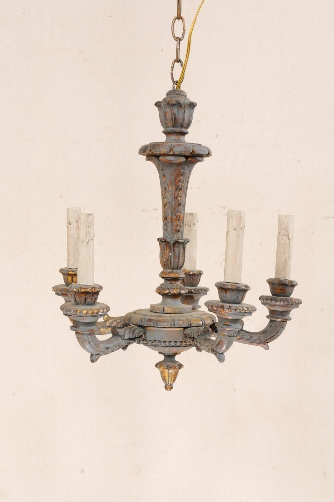 French 5-Light Painted and Carved Wood Chandelier in Grey-Blue with Gold Accents 1