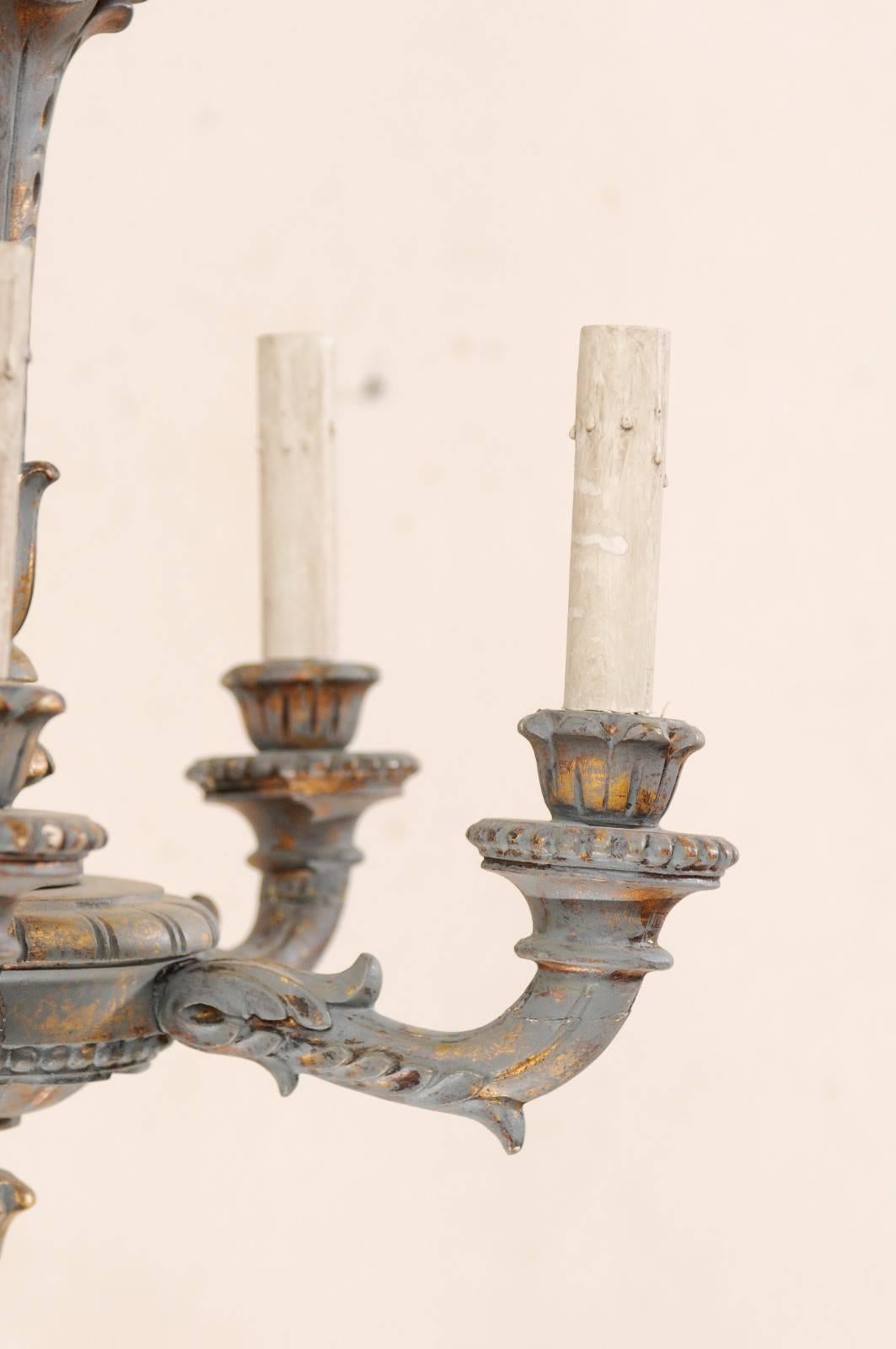 French 5-Light Painted and Carved Wood Chandelier in Grey-Blue with Gold Accents 4