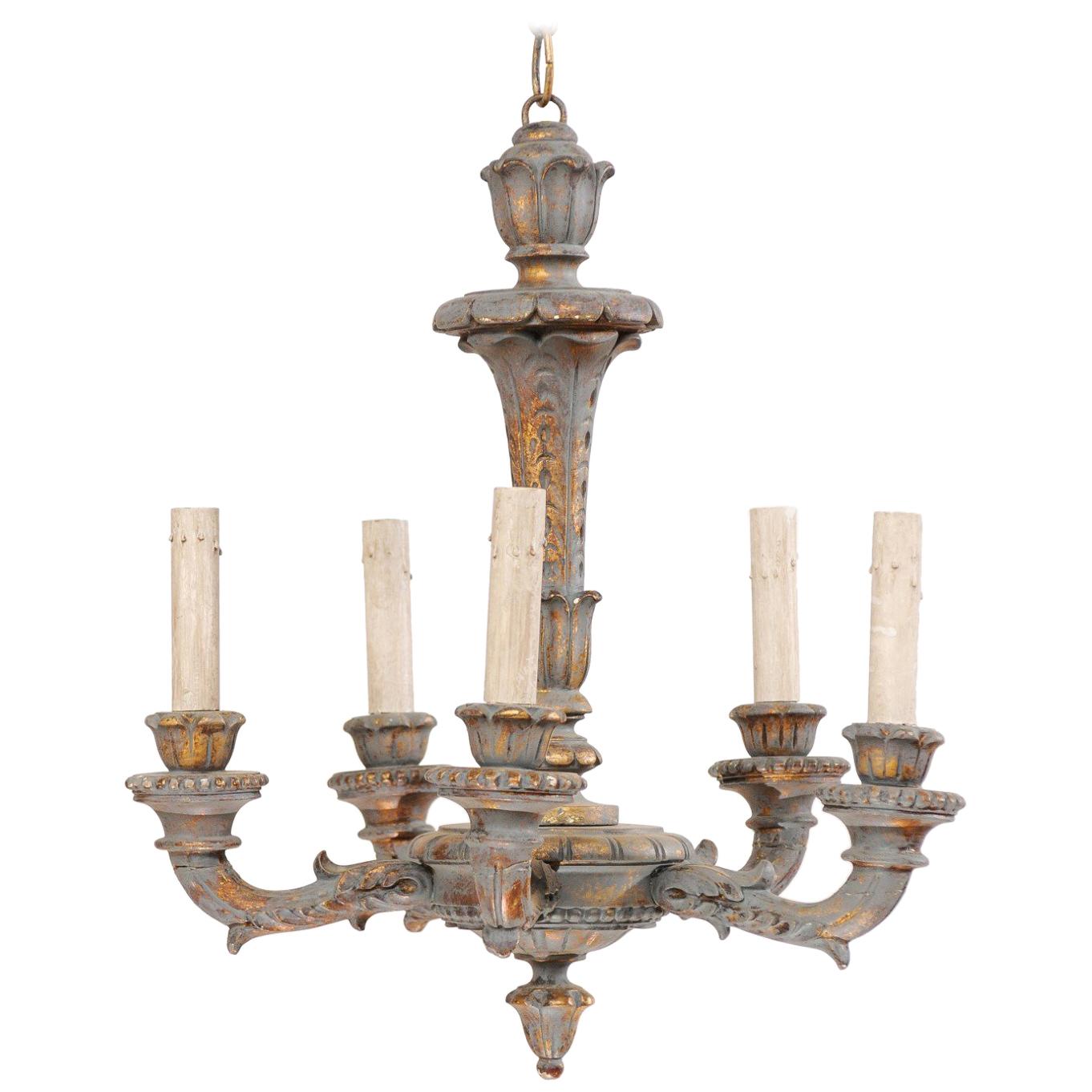 French 5-Light Painted and Carved Wood Chandelier in Grey-Blue with Gold Accents