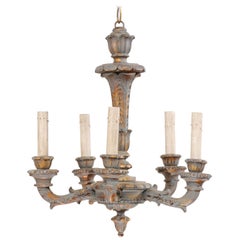 Vintage French 5-Light Painted and Carved Wood Chandelier in Grey-Blue with Gold Accents