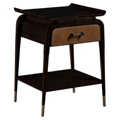 French 50s Wood Auville Nightstand with Oriental Influences, Leather Drawer