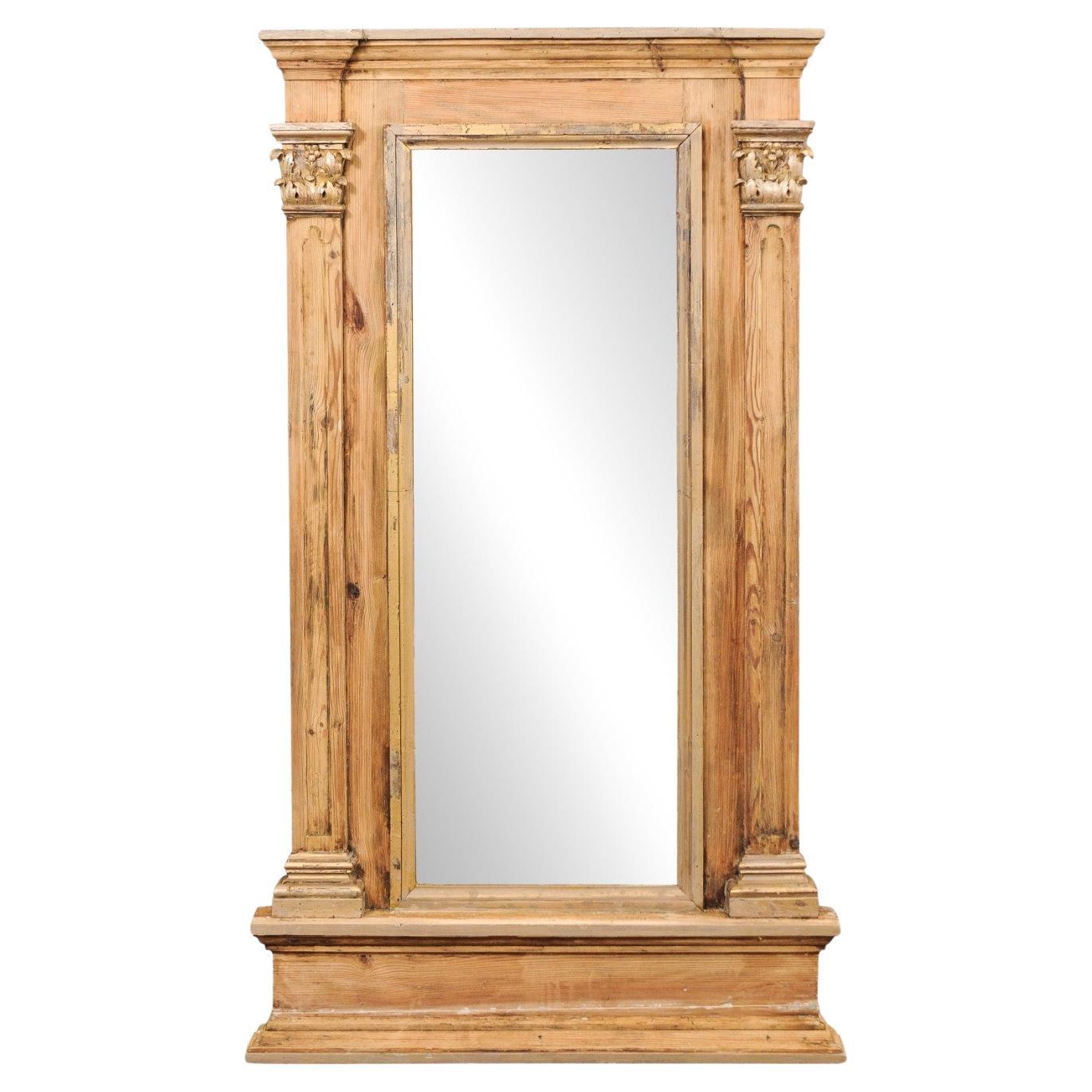 French 5.5 Foot Tall Carved Wood Mirror w/Column Accents, 19th C