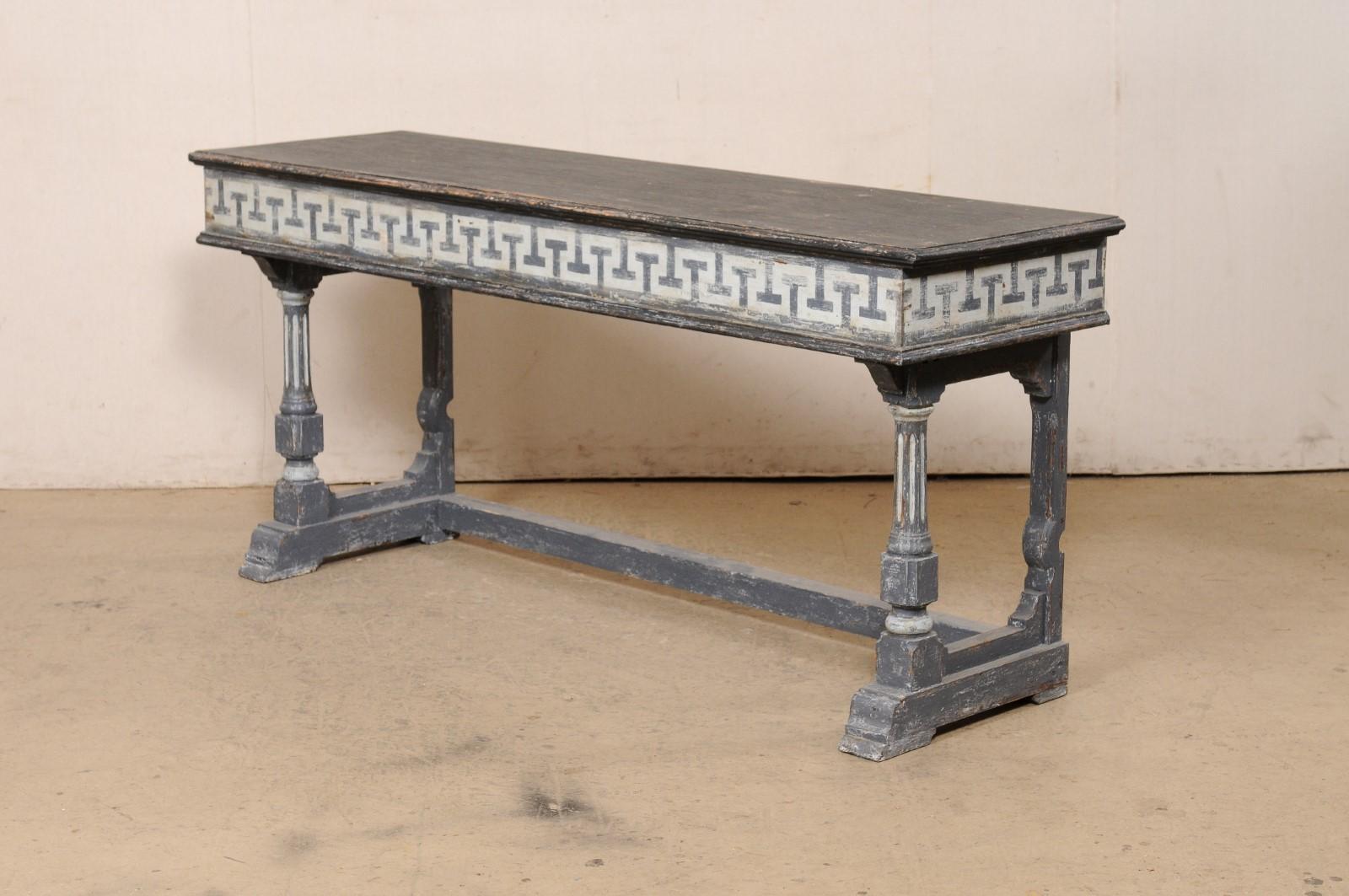 French 5.75 Ft. Long Wooden Console Table w/Painted Greek Key Accents For Sale 6