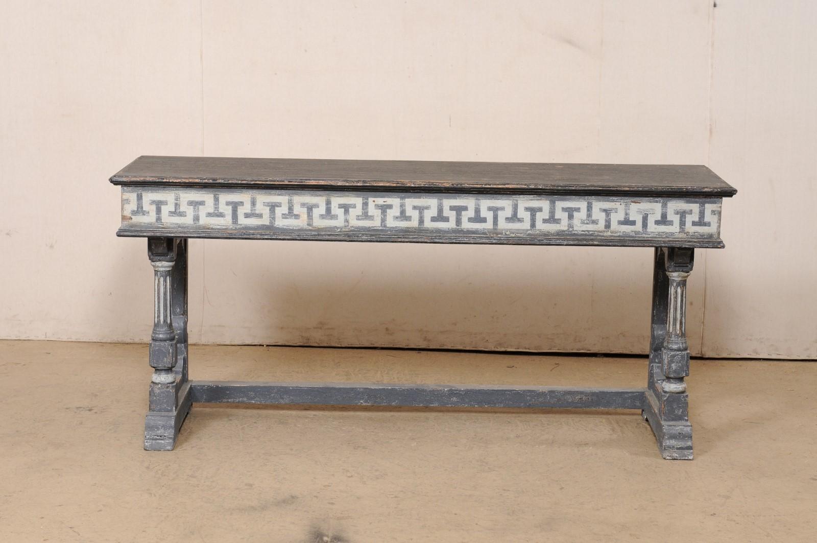 French 5.75 Ft. Long Wooden Console Table w/Painted Greek Key Accents For Sale 7