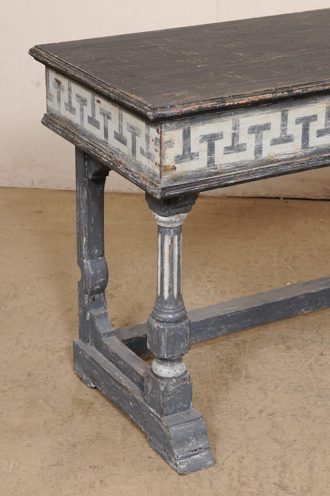 French 5.75 Ft. Long Wooden Console Table w/Painted Greek Key Accents In Good Condition For Sale In Atlanta, GA