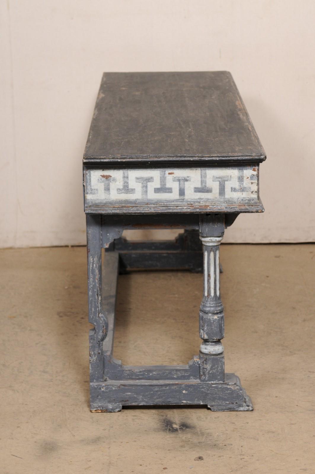 French 5.75 Ft. Long Wooden Console Table w/Painted Greek Key Accents For Sale 1