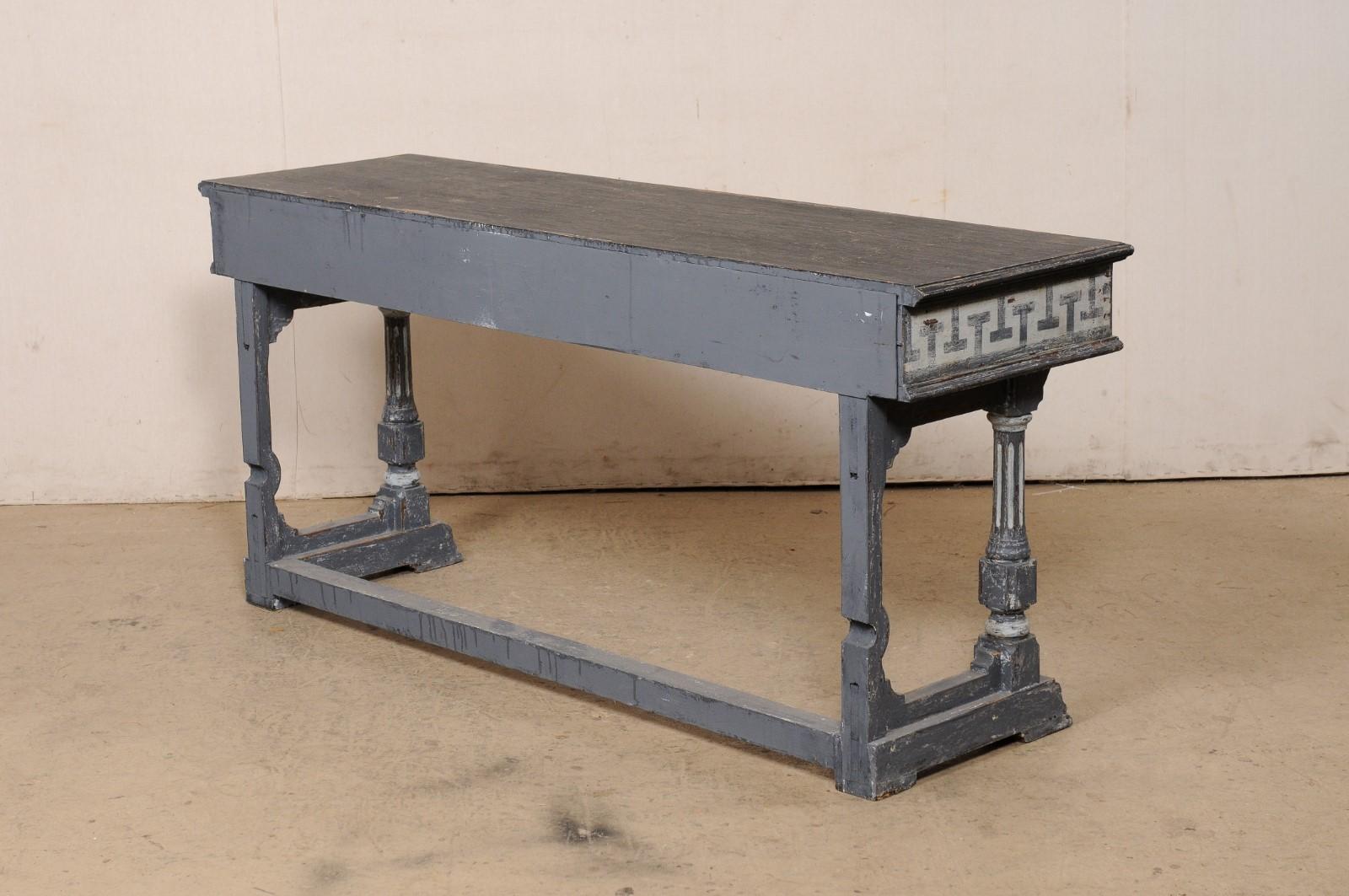 French 5.75 Ft. Long Wooden Console Table w/Painted Greek Key Accents For Sale 2