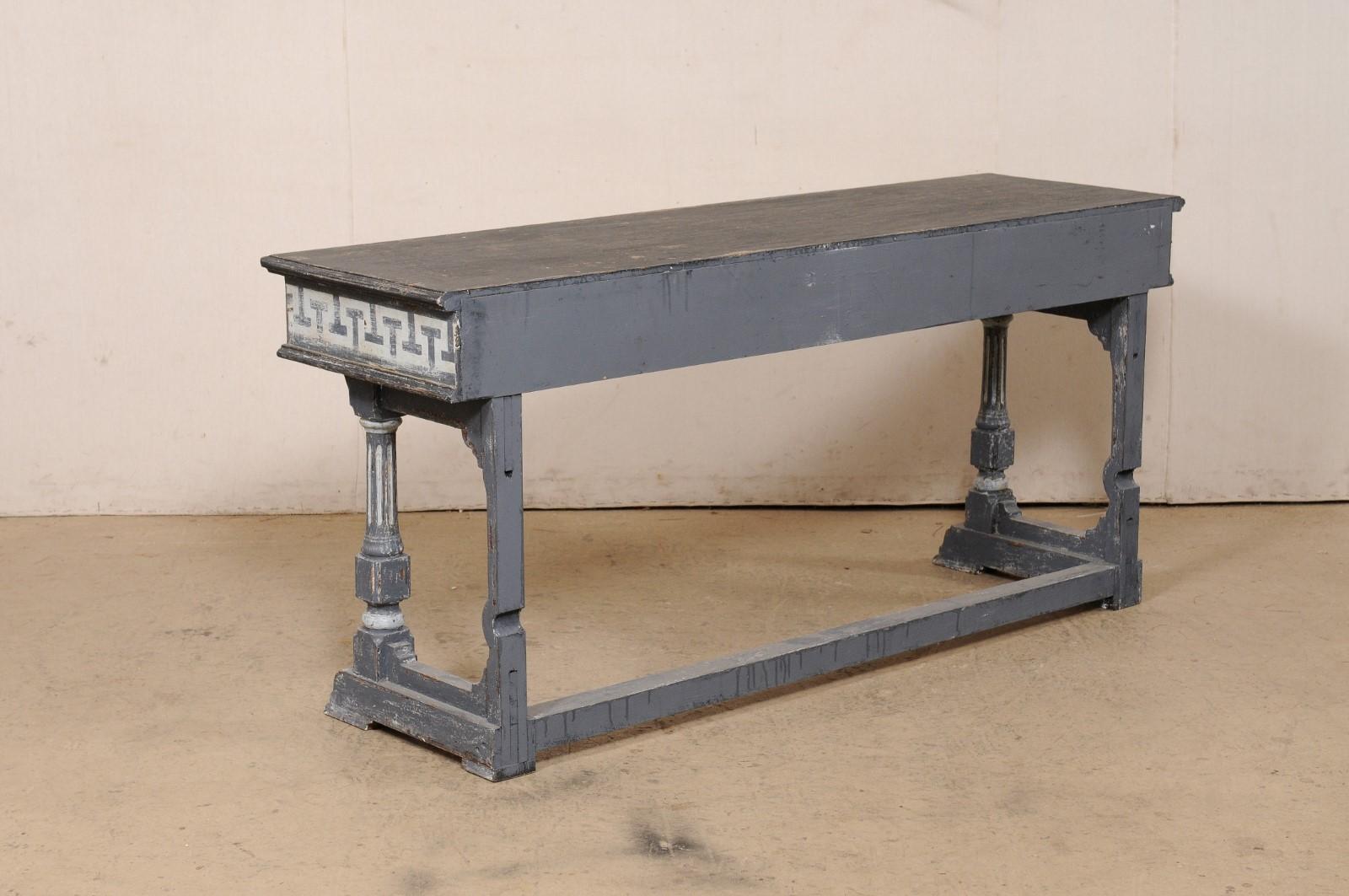 French 5.75 Ft. Long Wooden Console Table w/Painted Greek Key Accents For Sale 4
