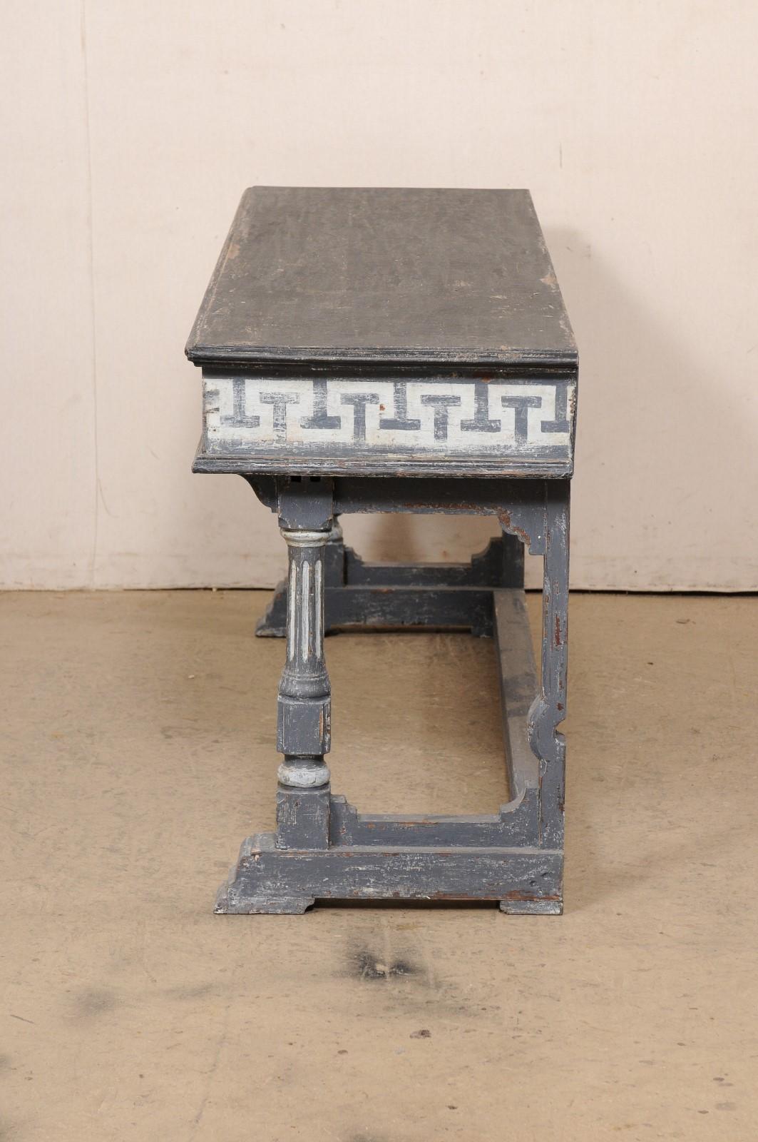 French 5.75 Ft. Long Wooden Console Table w/Painted Greek Key Accents For Sale 5