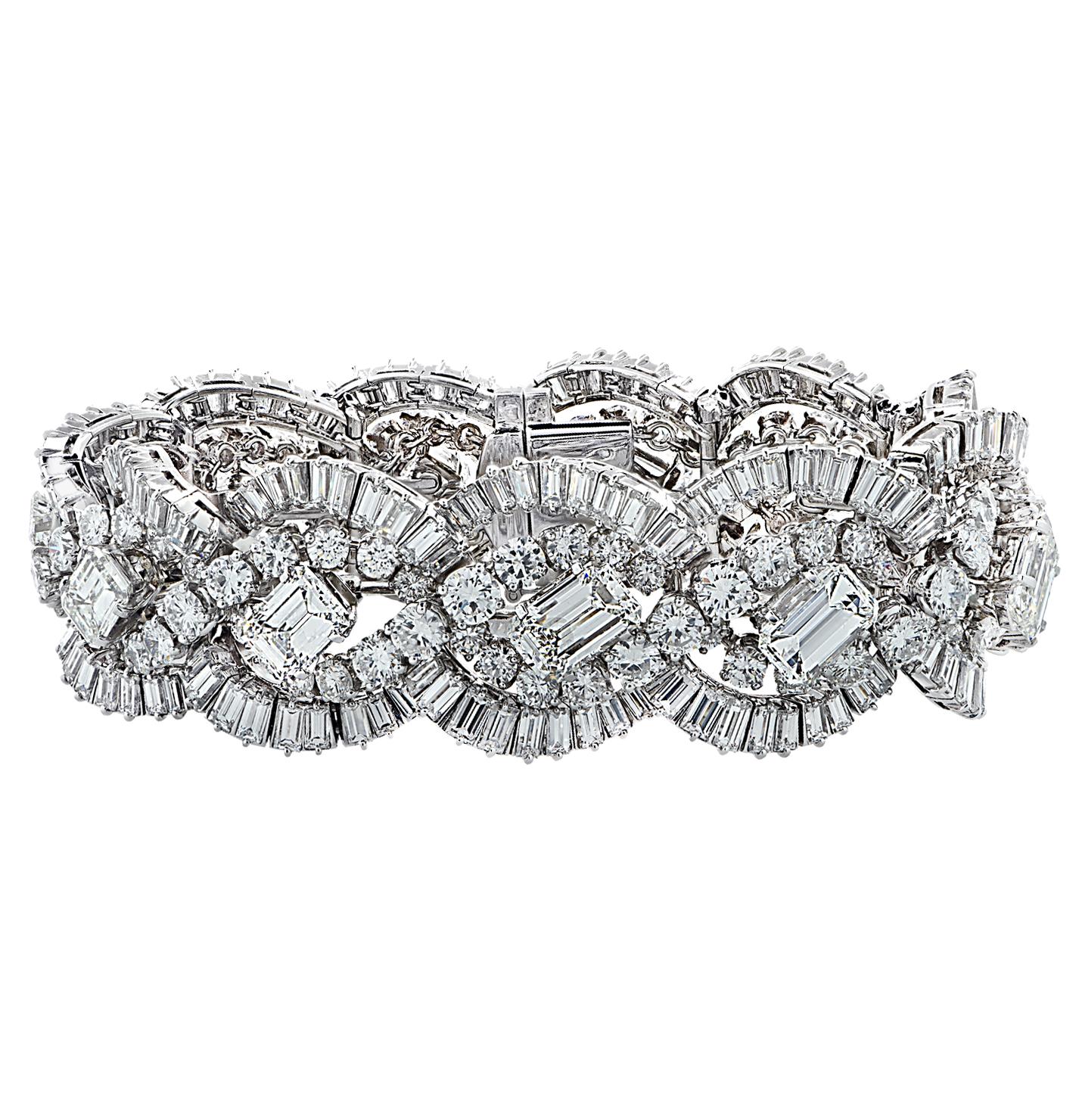 Emerald Cut French 58.66 Carat Diamond Bracelet, circa 1960