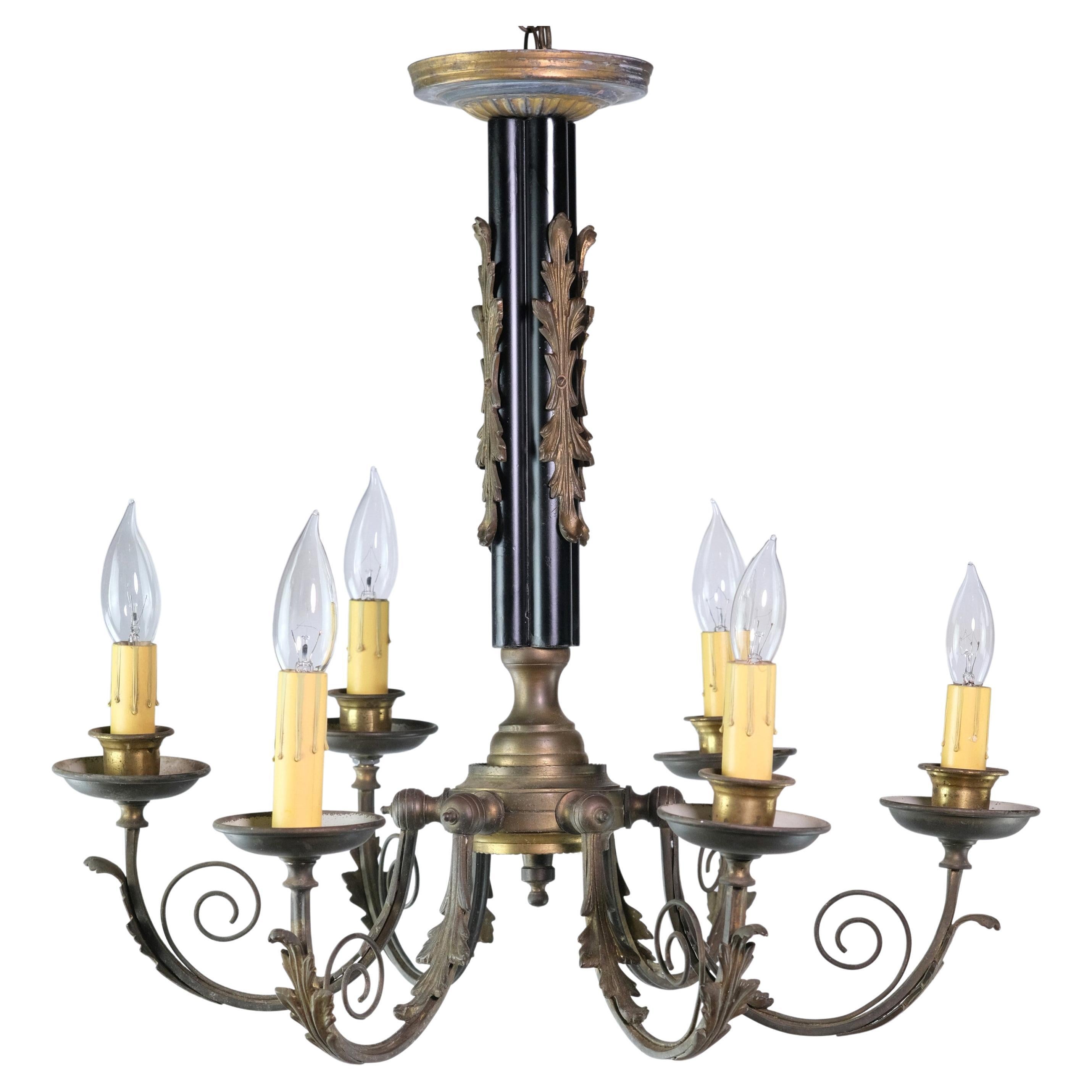 French 6 Arm Scrolled Foliage Floral Brass Chandelier