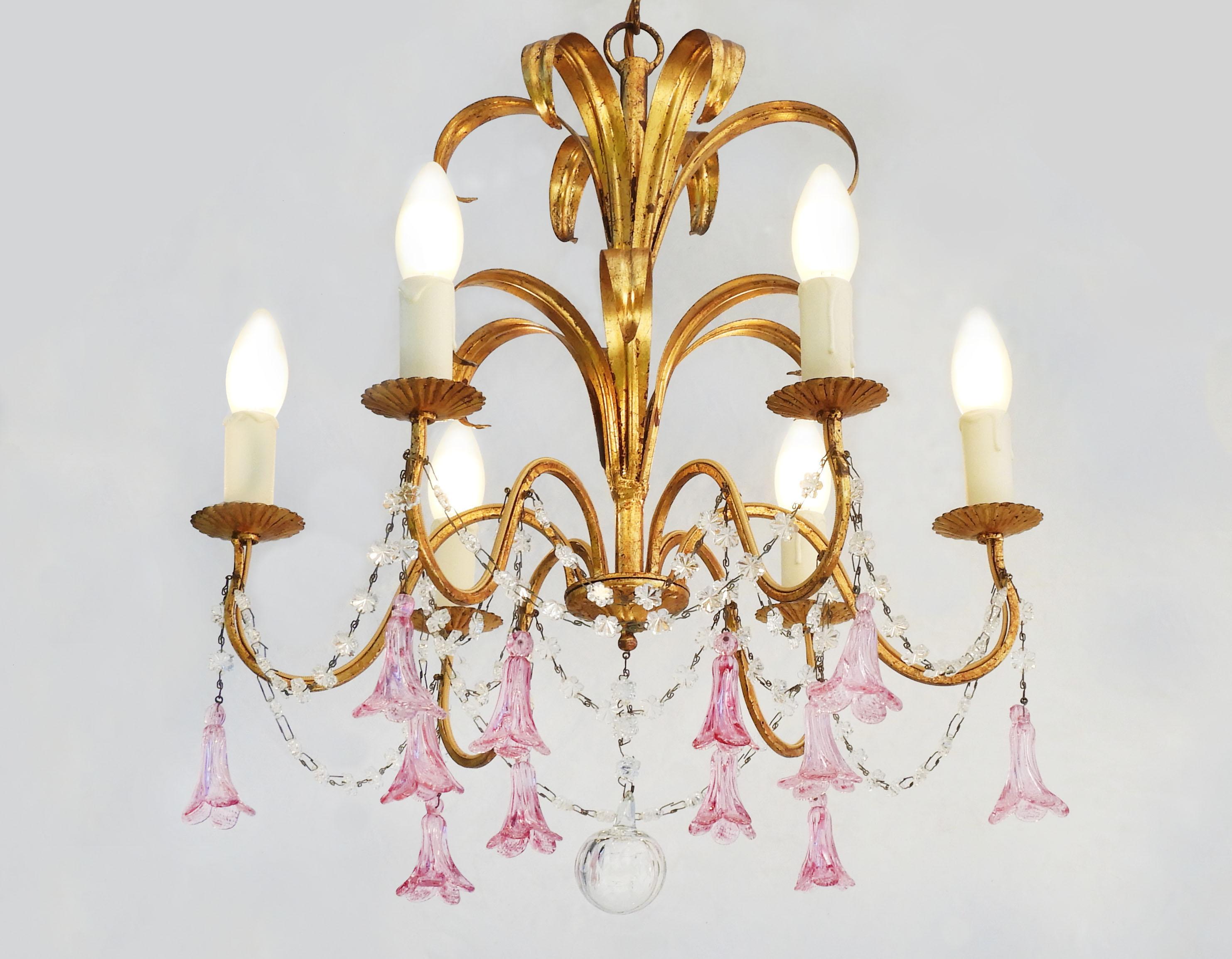 French 6 Light Chandelier C1950, Pink Flower Pendant Drops And Gilded Tôle 3