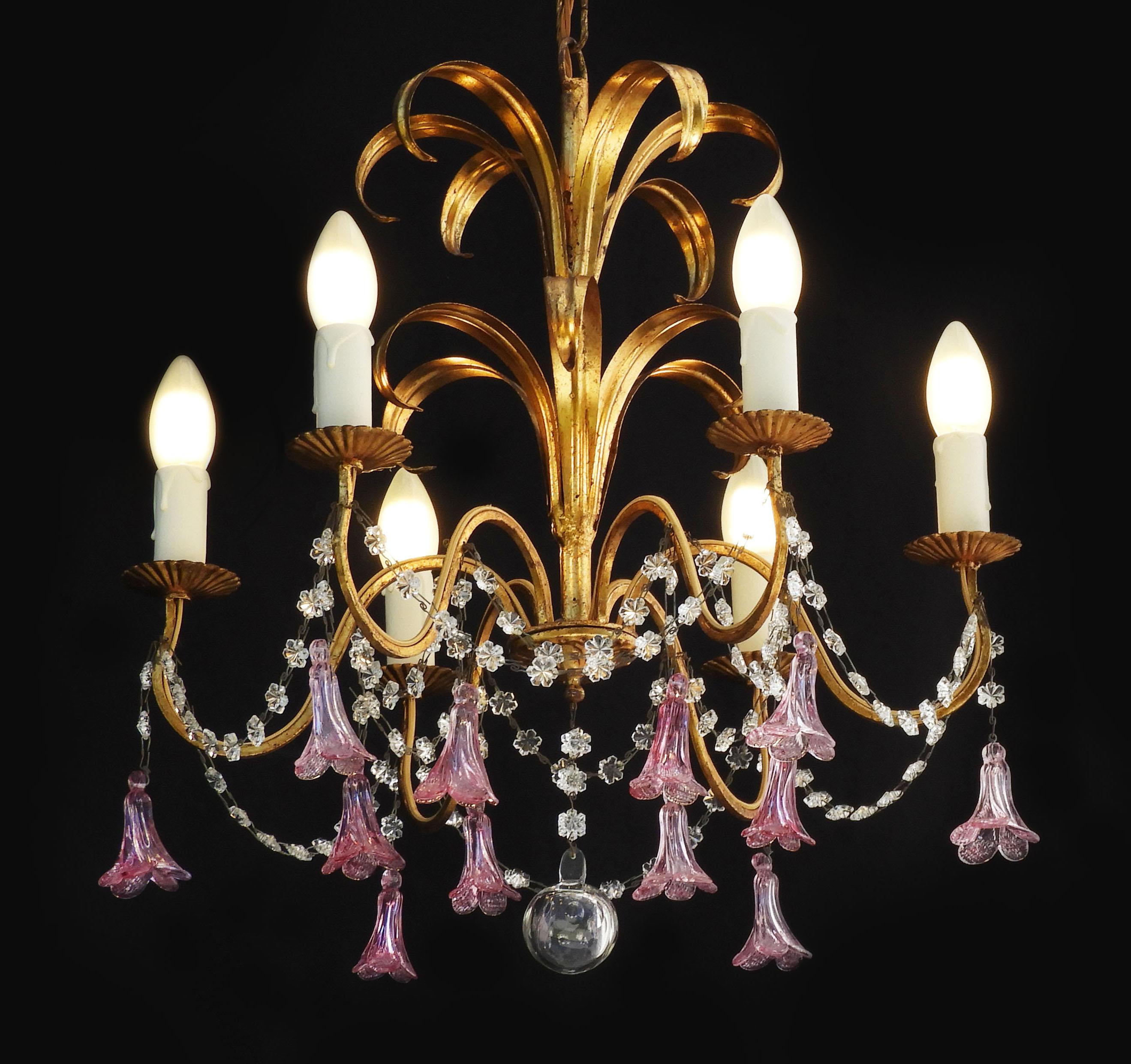 French 6 Light Chandelier C1950, Handmade Pink Flower Pendant Drops And Gilded Tôle
Charming gilded tôle chandelier, with pink Foxglove style ‘pampilles’ from mid-century France circa 1950
An unusual six-light chandelier, with 12 hand made,