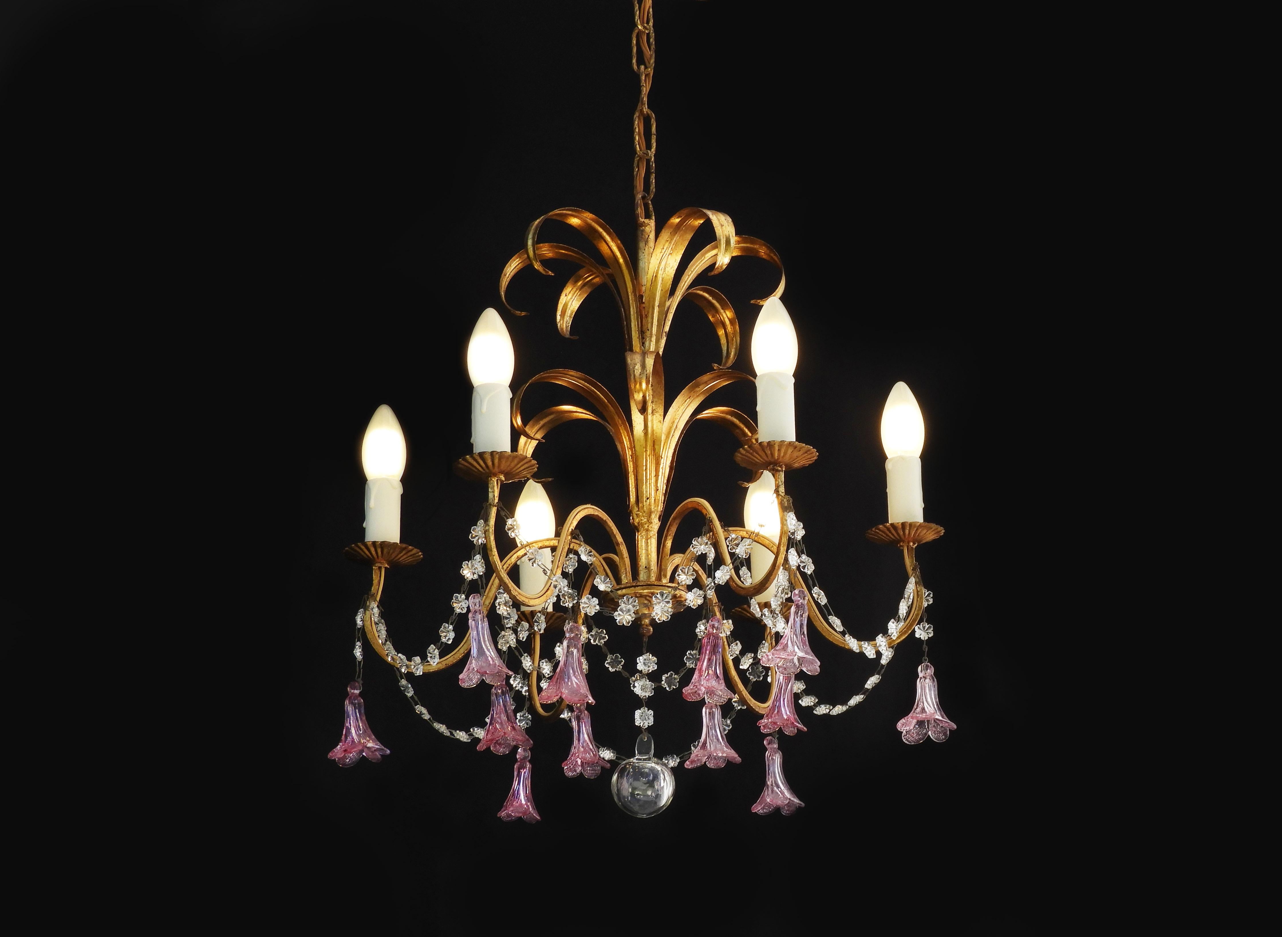 European French 6 Light Chandelier C1950, Pink Flower Pendant Drops And Gilded Tôle