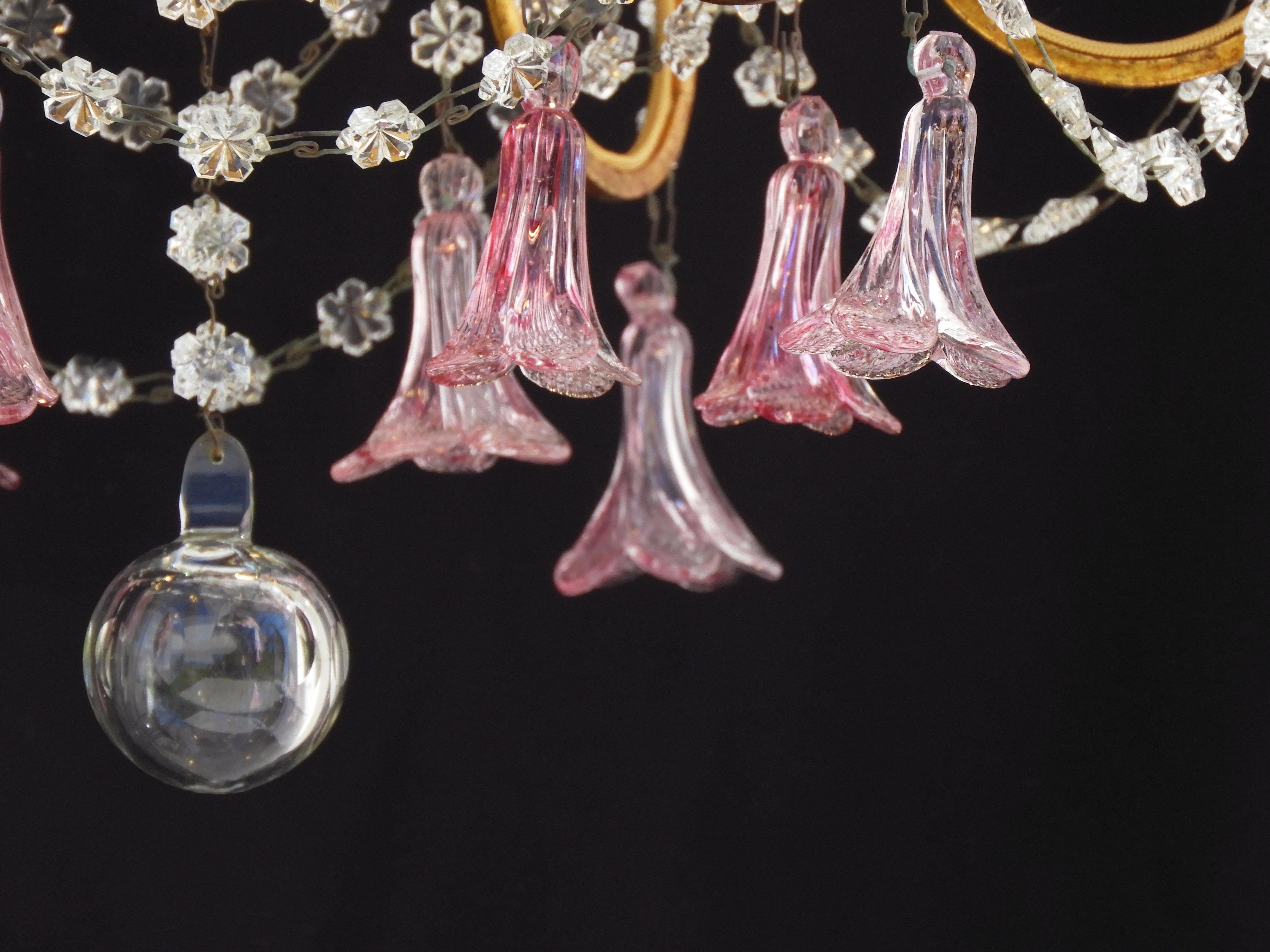 Hand-Crafted French 6 Light Chandelier C1950, Pink Flower Pendant Drops And Gilded Tôle