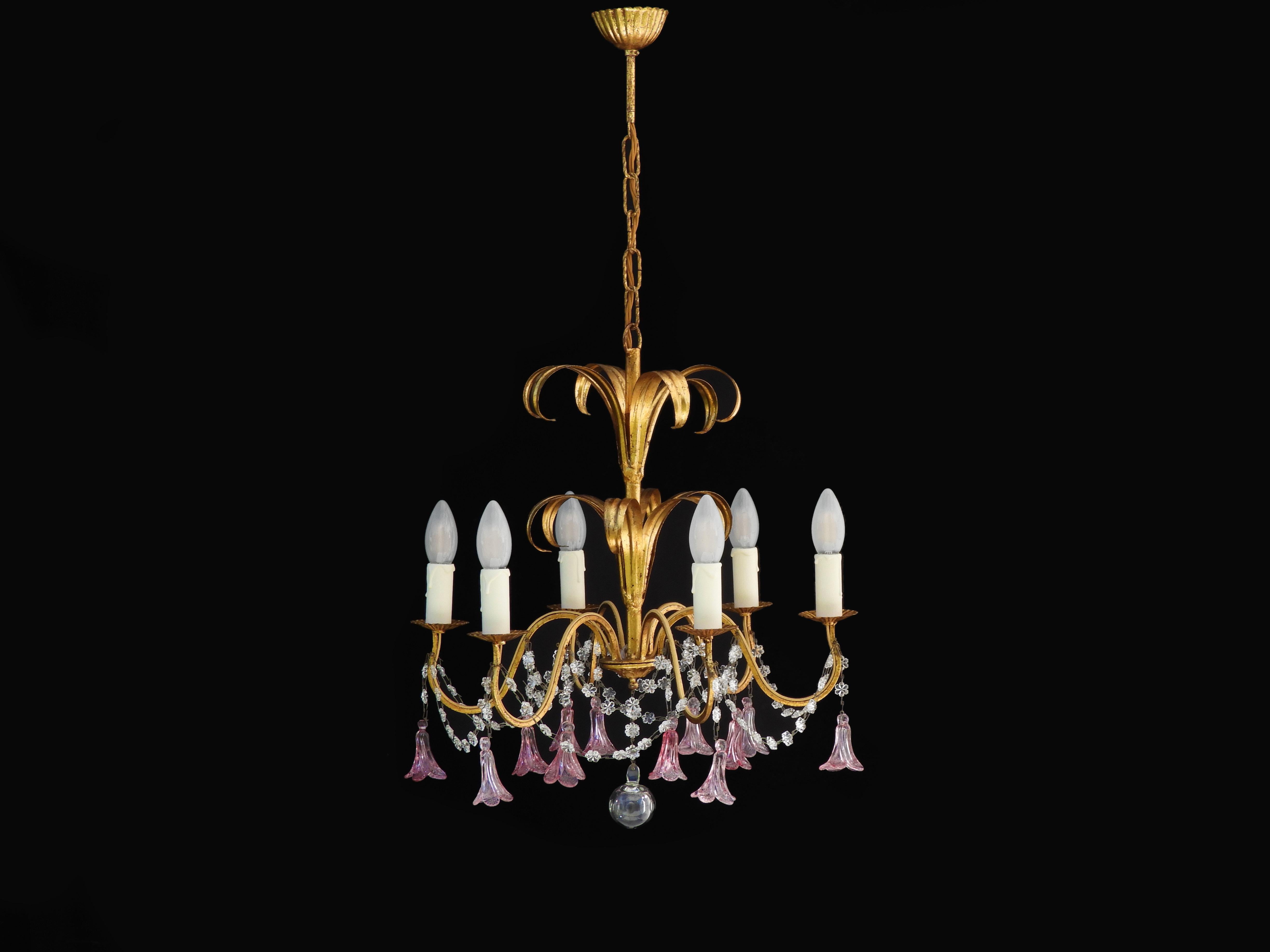 20th Century French 6 Light Chandelier C1950, Pink Flower Pendant Drops And Gilded Tôle