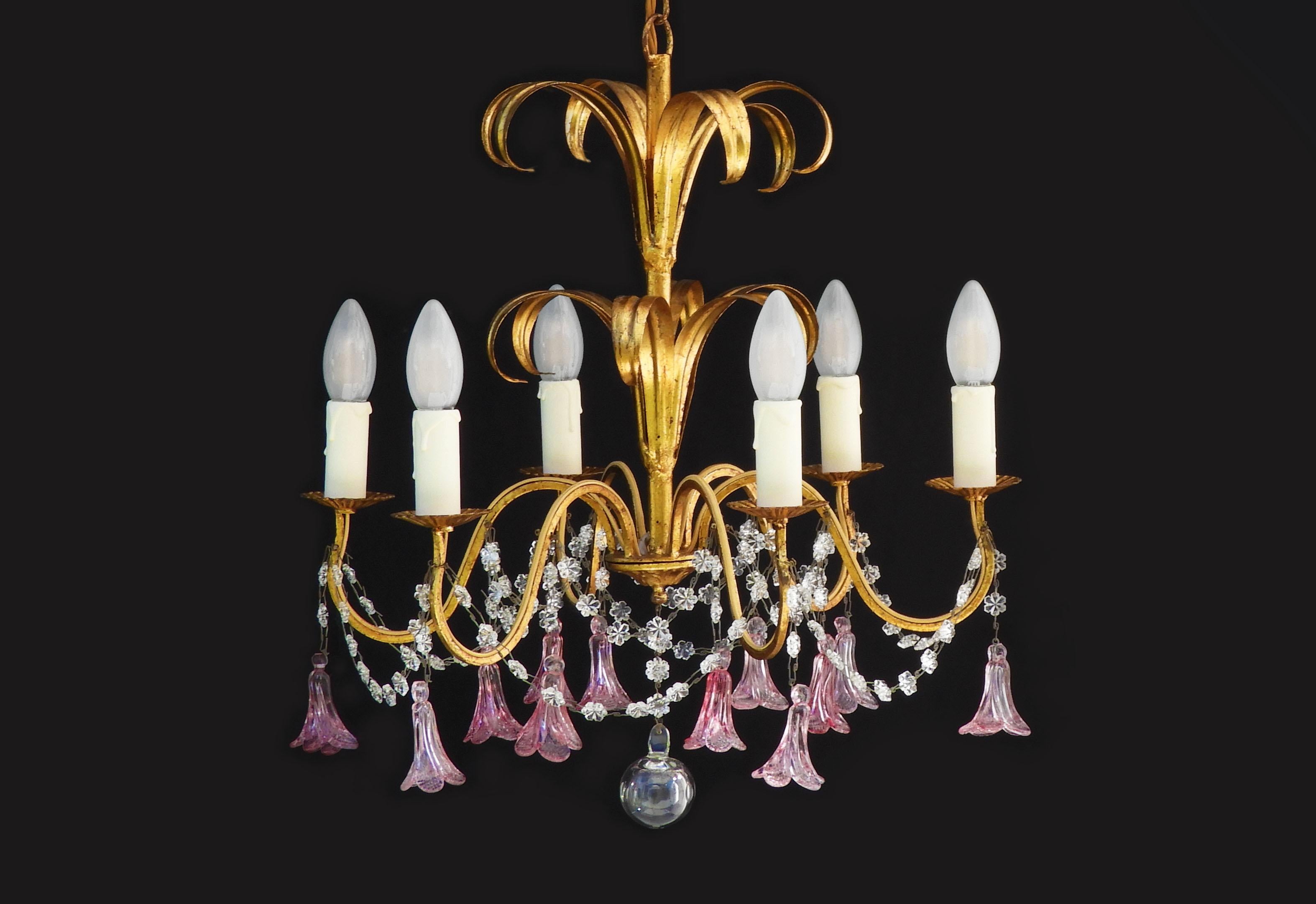 Metal French 6 Light Chandelier C1950, Pink Flower Pendant Drops And Gilded Tôle