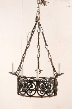 French 6-Light Ornate Iron Ring Chandelier in C-Scroll Motif & Bow Linked Chains