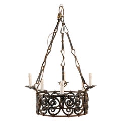 French 6-Light Ornate Iron Ring Chandelier in C-Scroll Motif & Bow Linked Chains