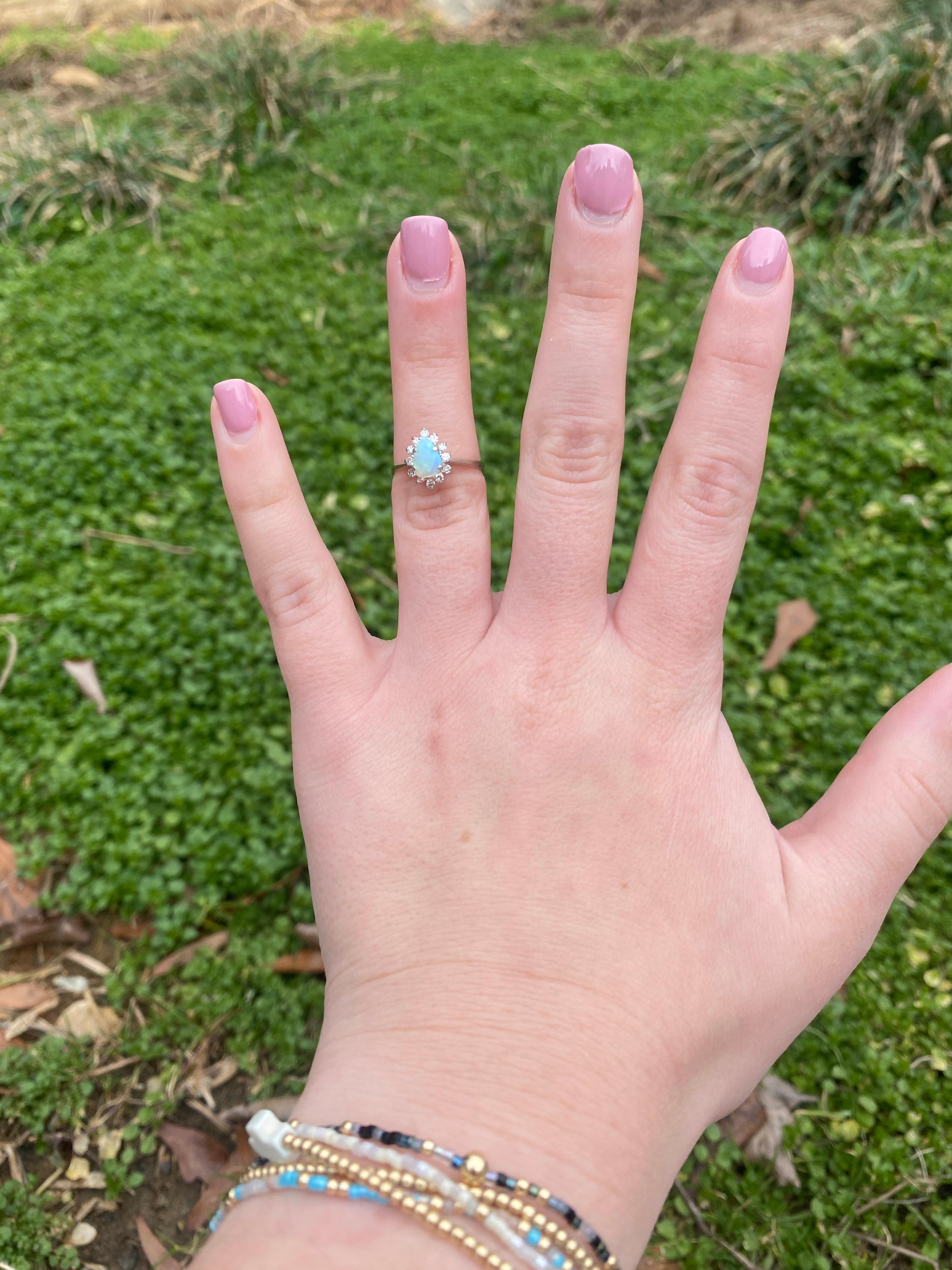 Women's or Men's French .60ctw Pear Opal Diamond Halo Engagement Ring, 14K Gold, Ring Size 5.25 For Sale