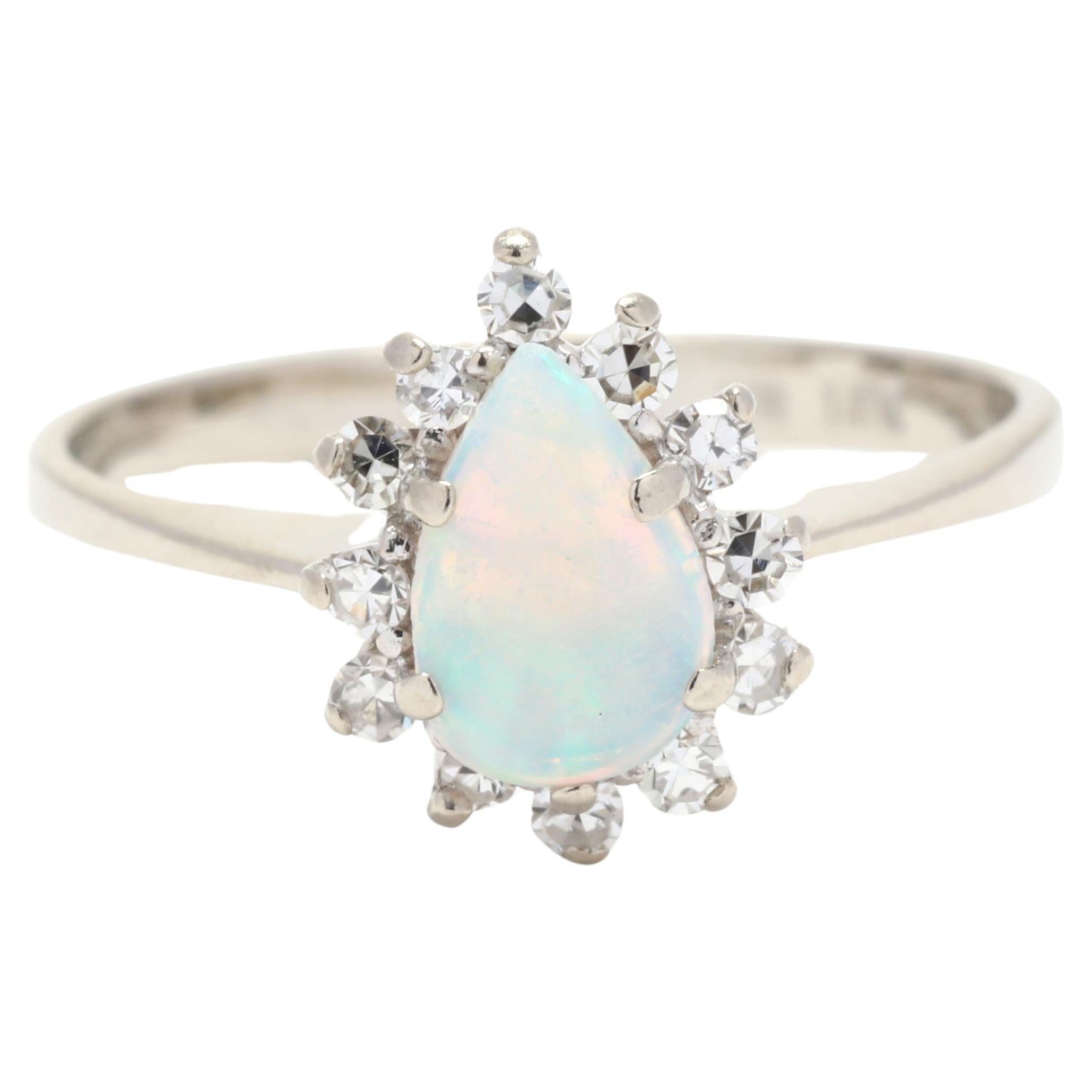 French .60ctw Pear Opal Diamond Halo Engagement Ring, 14K Gold, Ring Size 5.25 For Sale