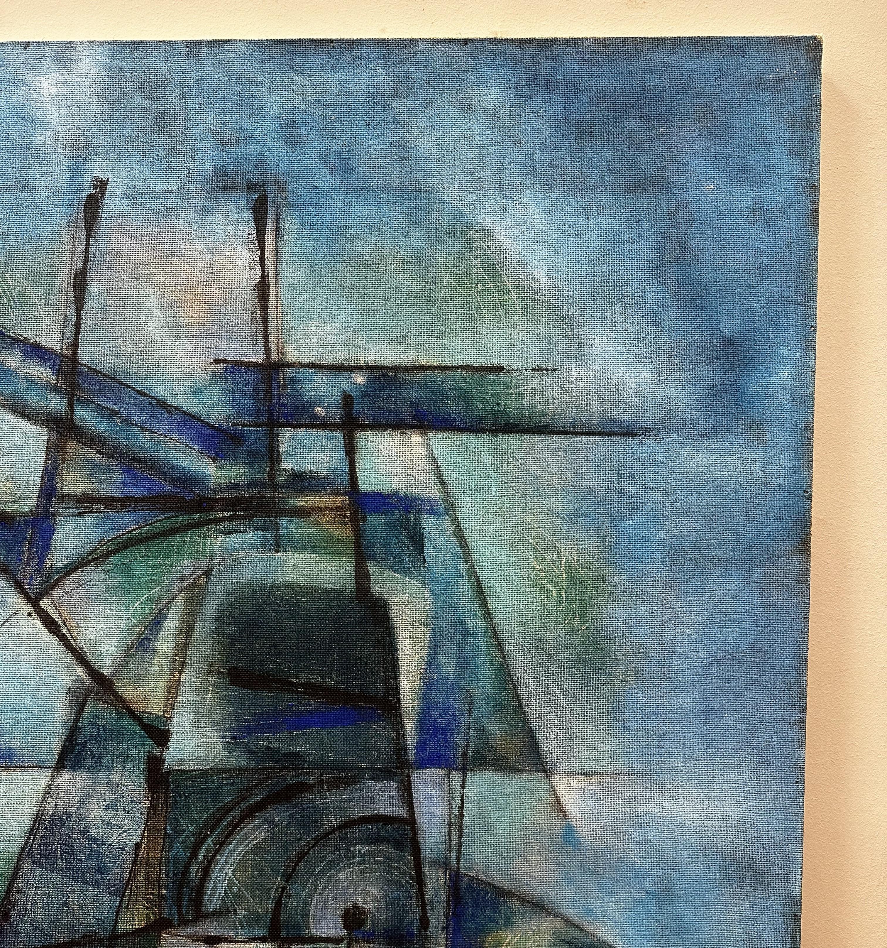 Außergewöhnliches Öl auf Leinwand von dem französischen Maler Serge Arnoux (1933-2014). Dieses absolut moderne Werk zeichnet sich durch die intensive blaue Farbe des Hintergrunds aus, vor dem sich eine komplizierte abstrakte Komposition abhebt, in