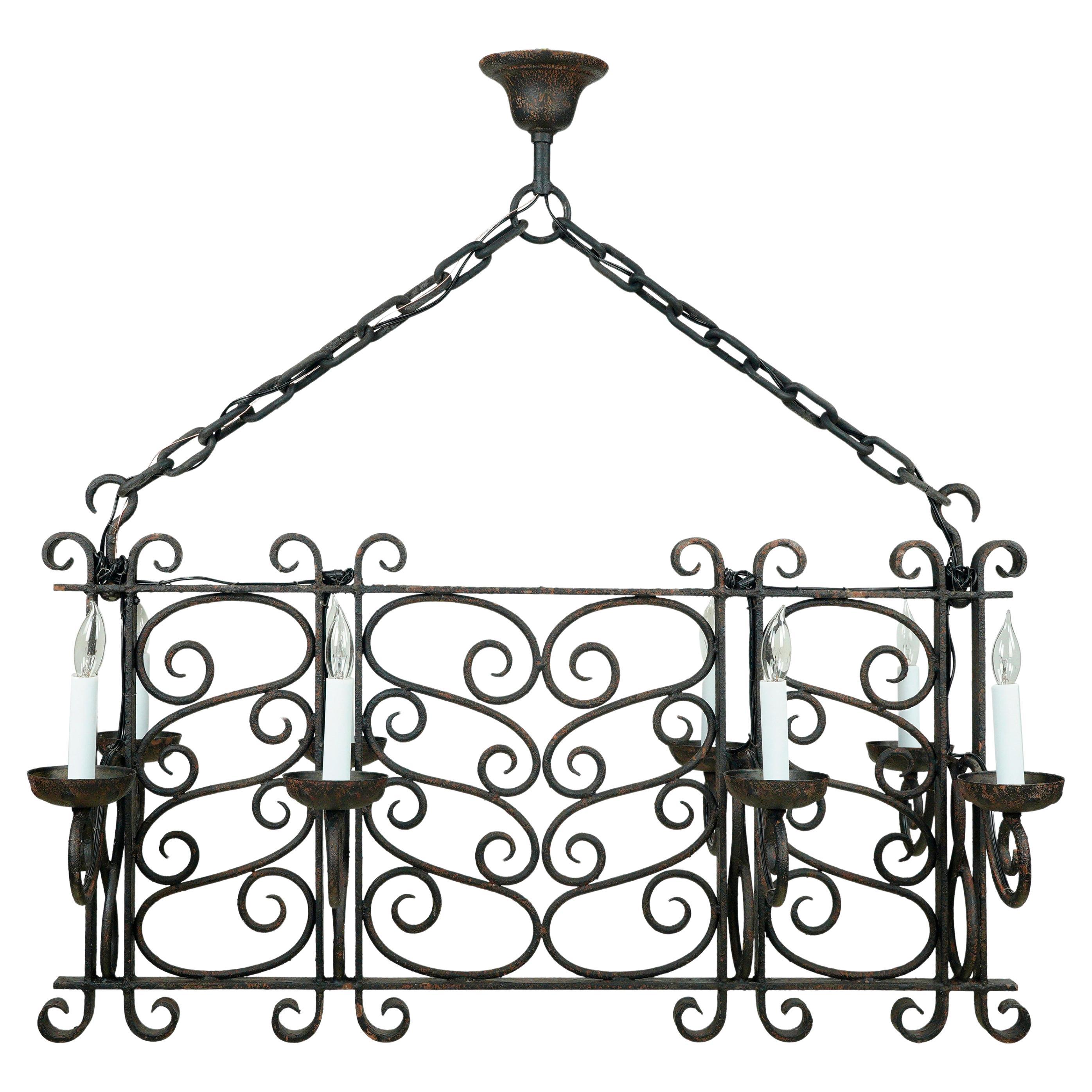 French 8 Arm Rectangular Wrought Iron Chandelier