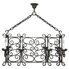 Antique French 8 Arm Rectangular Wrought Iron Chandelier