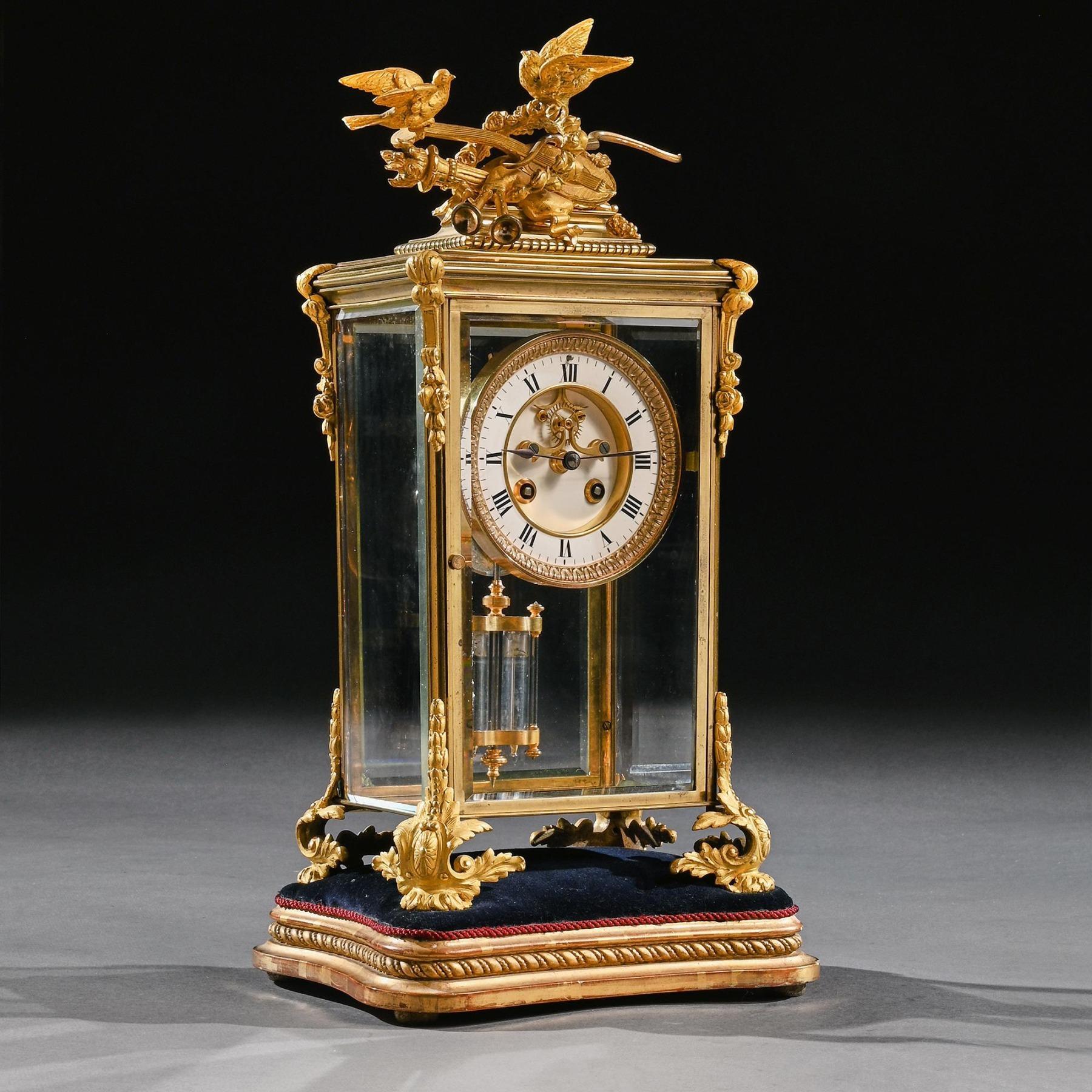 Brass French 8-Day Striking Four Glass Ormolu Clock by Samuel Marti, Paris