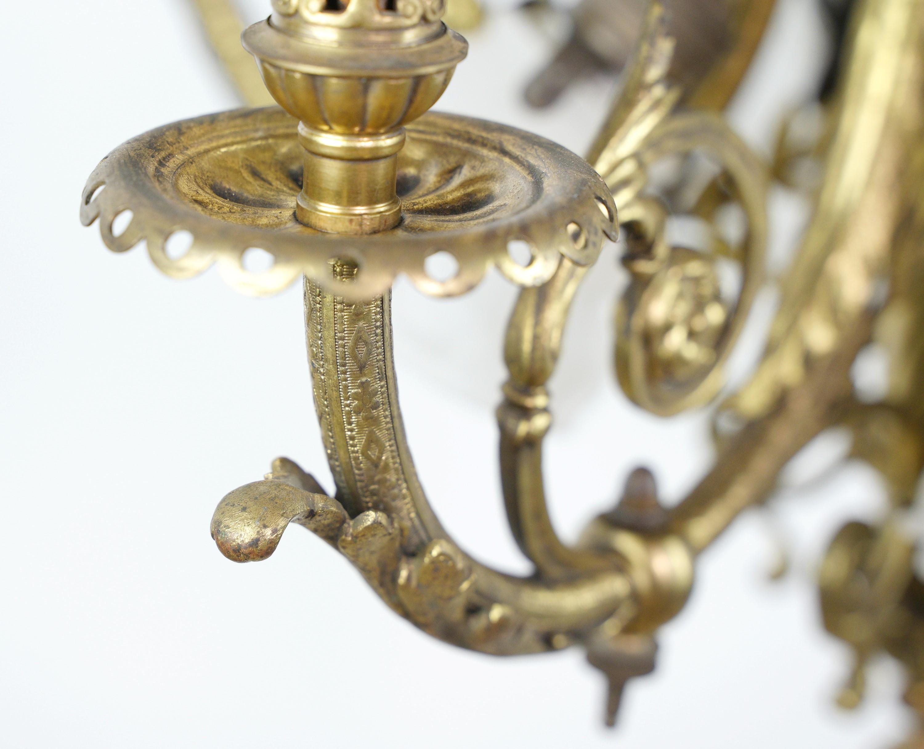 French 8 Light Brass Floral Chandelier Frosted Shades 6