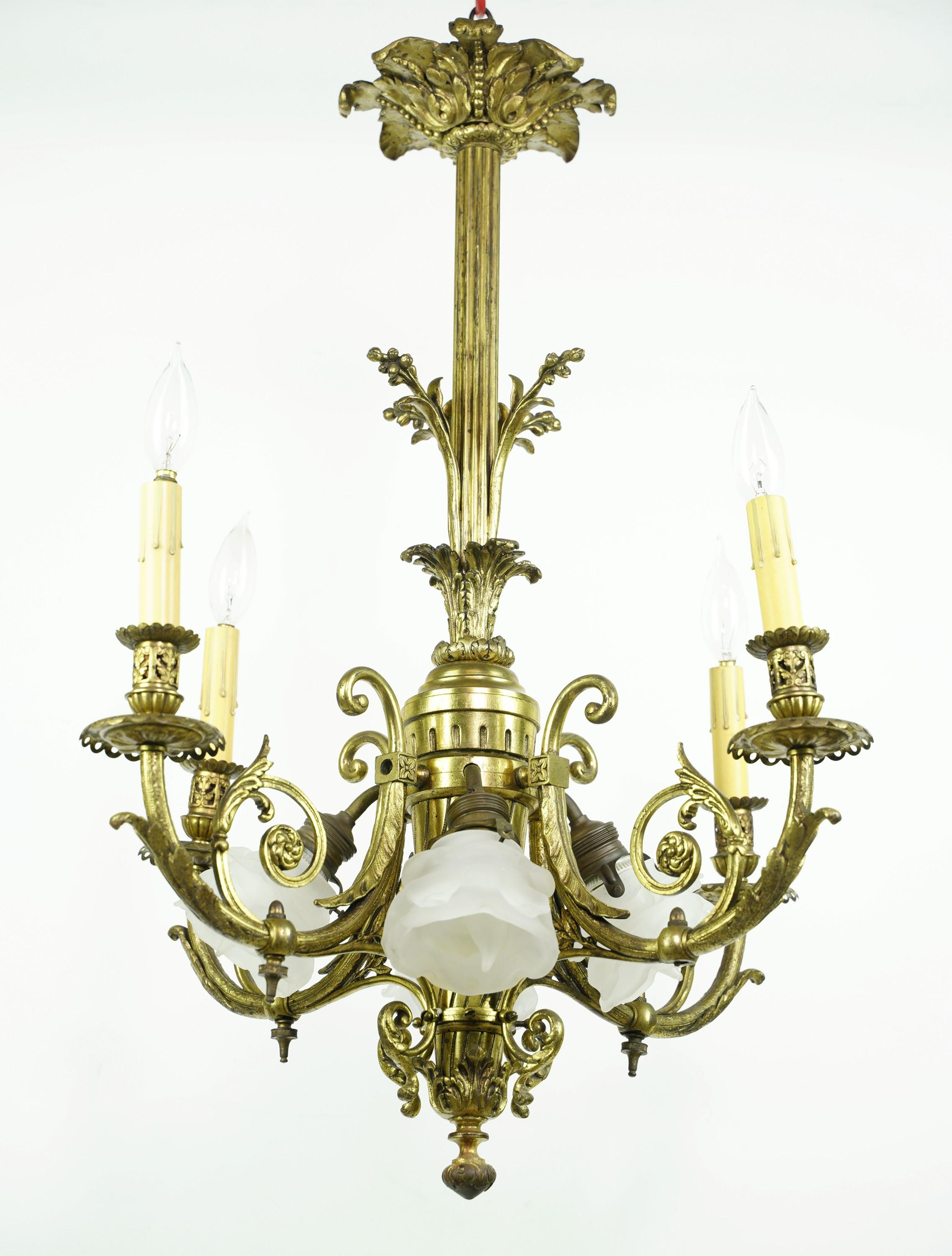 French 8 Light Brass Floral Chandelier Frosted Shades 7
