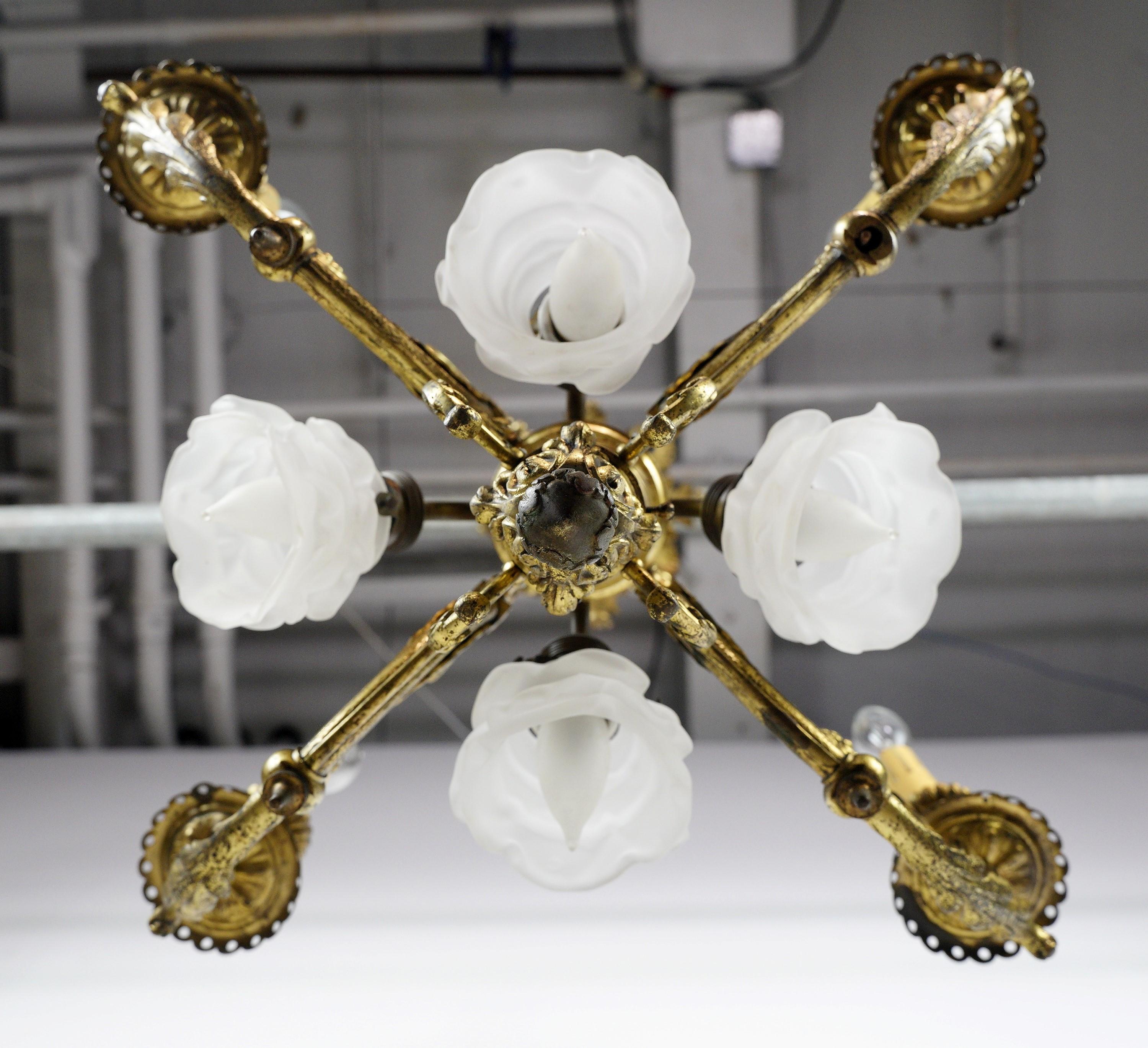 French 8 Light Brass Floral Chandelier Frosted Shades 8