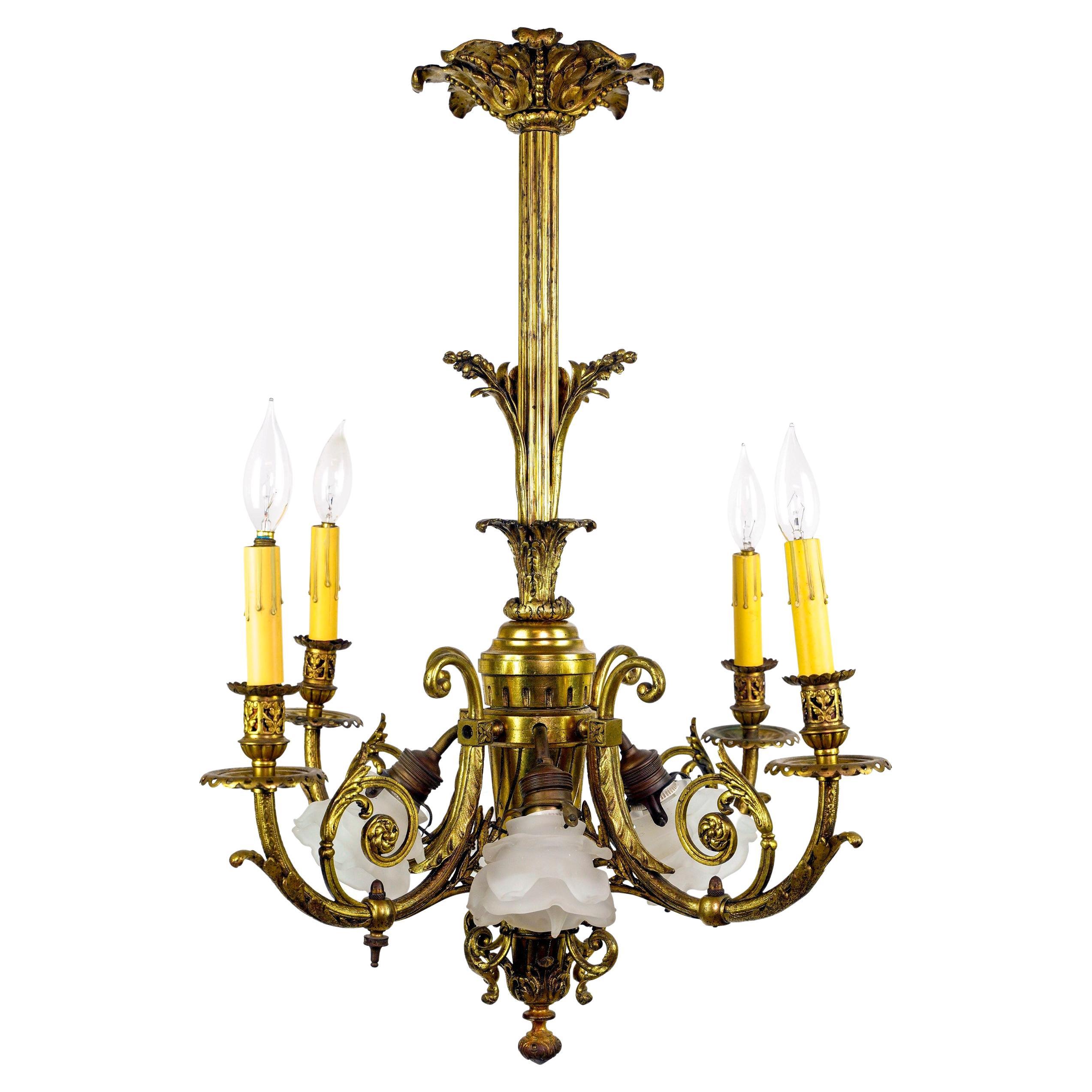 French 8 Light Brass Floral Chandelier Frosted Shades