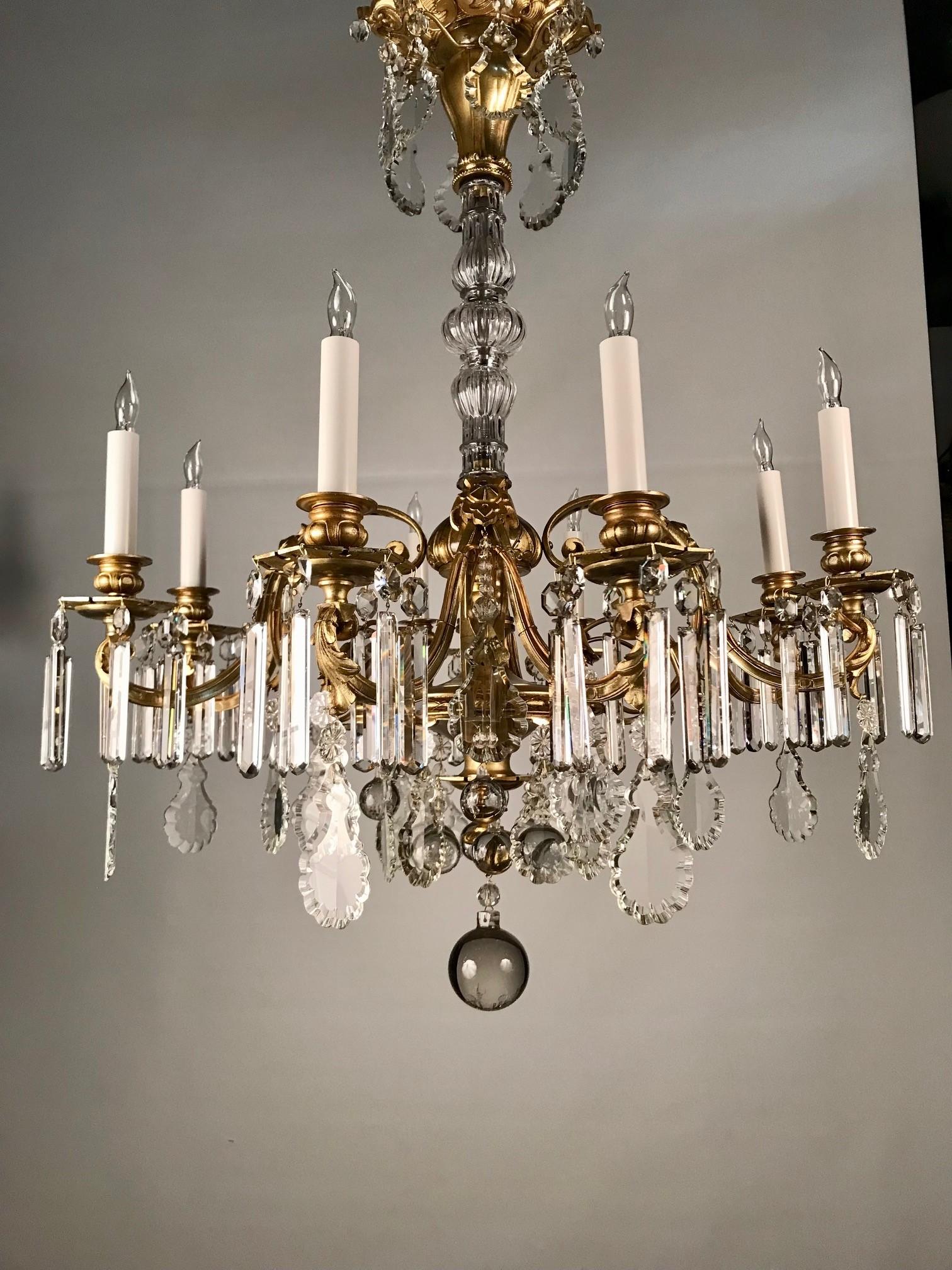 Louis XVI French 8 Light Bronze Chandelier Hung with Crystal Drops For Sale