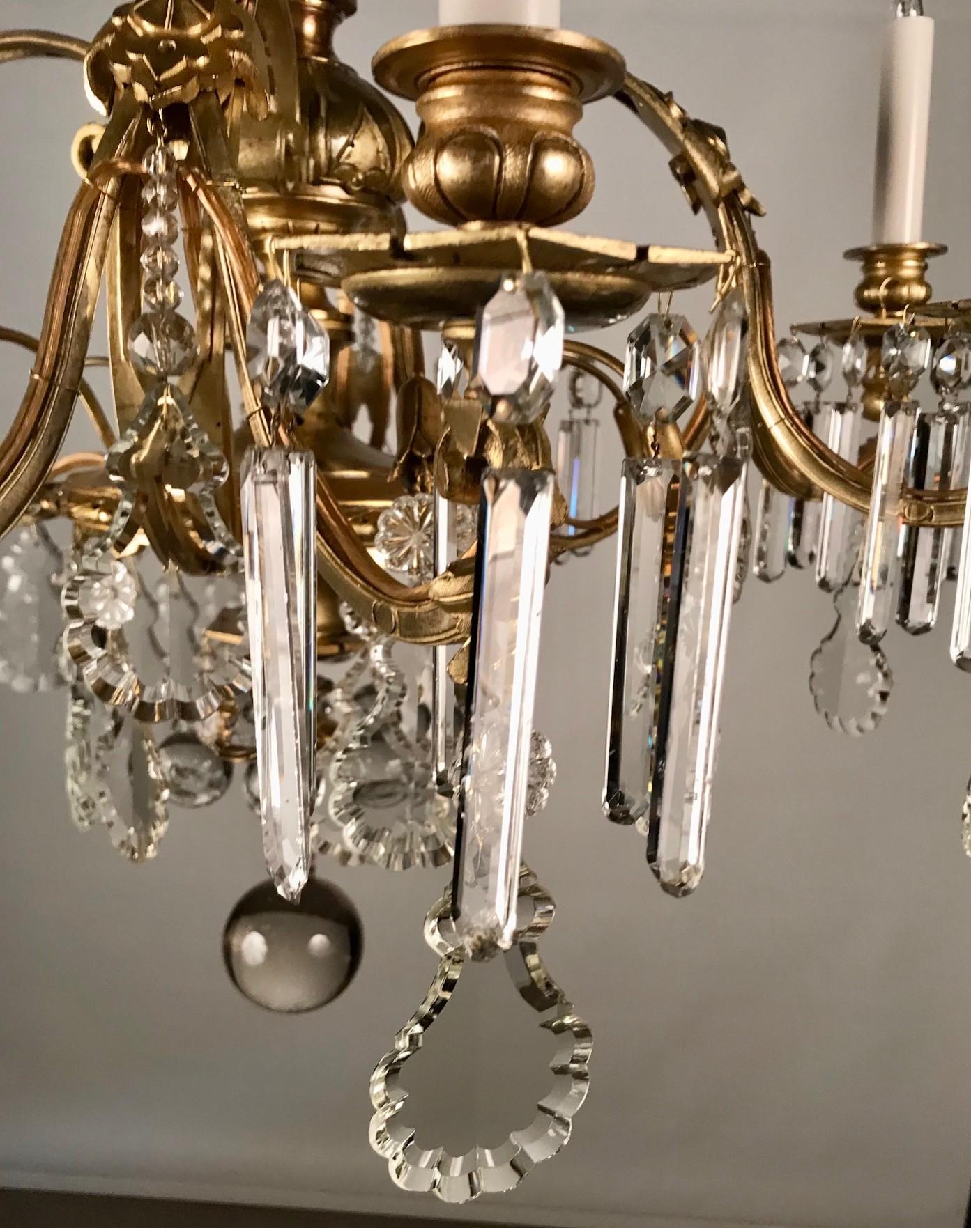 French 8 Light Bronze Chandelier Hung with Crystal Drops For Sale 1