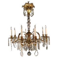 Antique French 8 Light Bronze Chandelier Hung with Crystal Drops