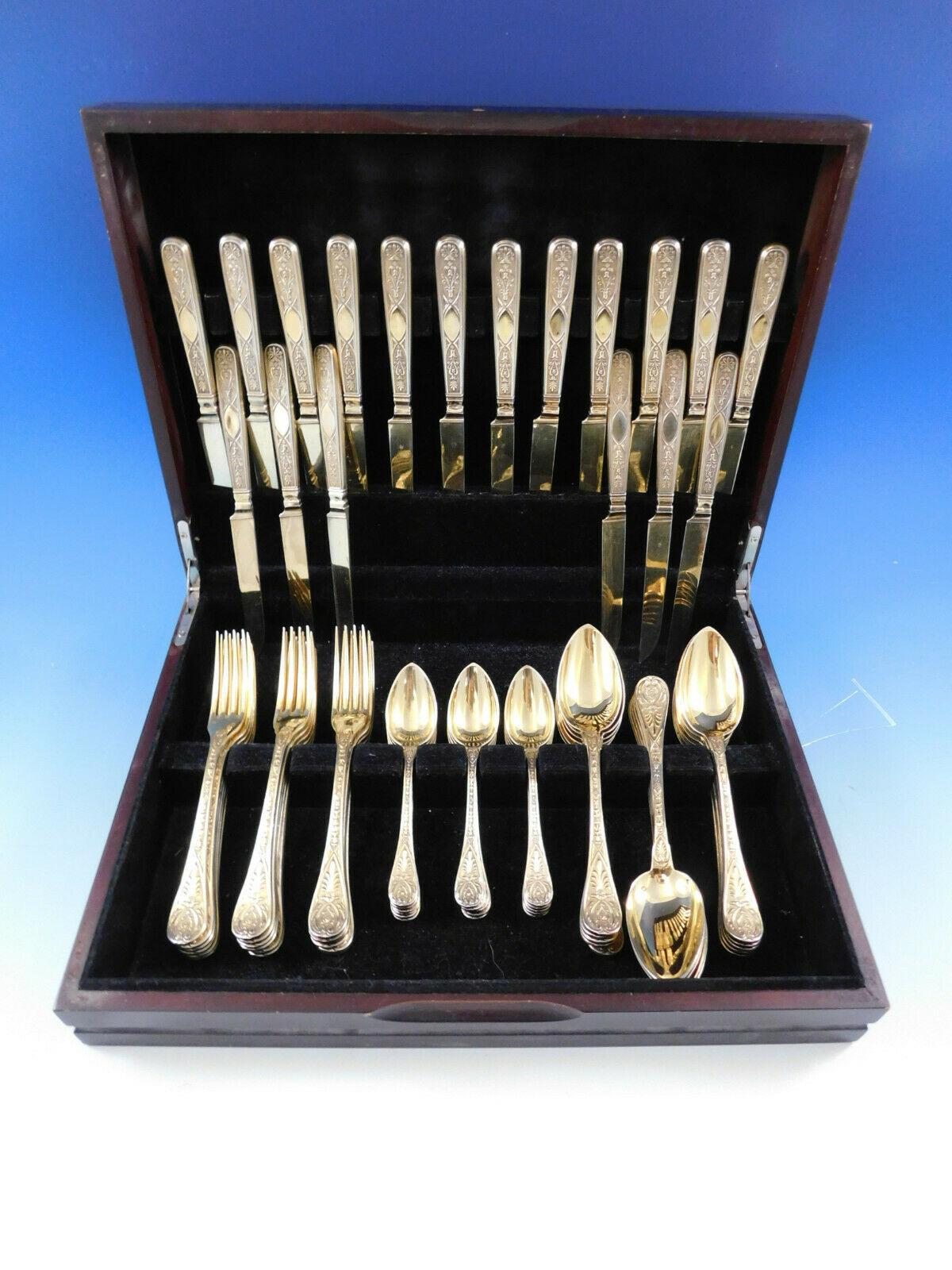 Very fine French vermeil 950 silver dessert set by Andre Aucoc, Paris, circa 1887-1911, 71 pieces total.
This set includes:

18 dessert knives, pointed blades, hollow handle all-sterling, 8 1/8
