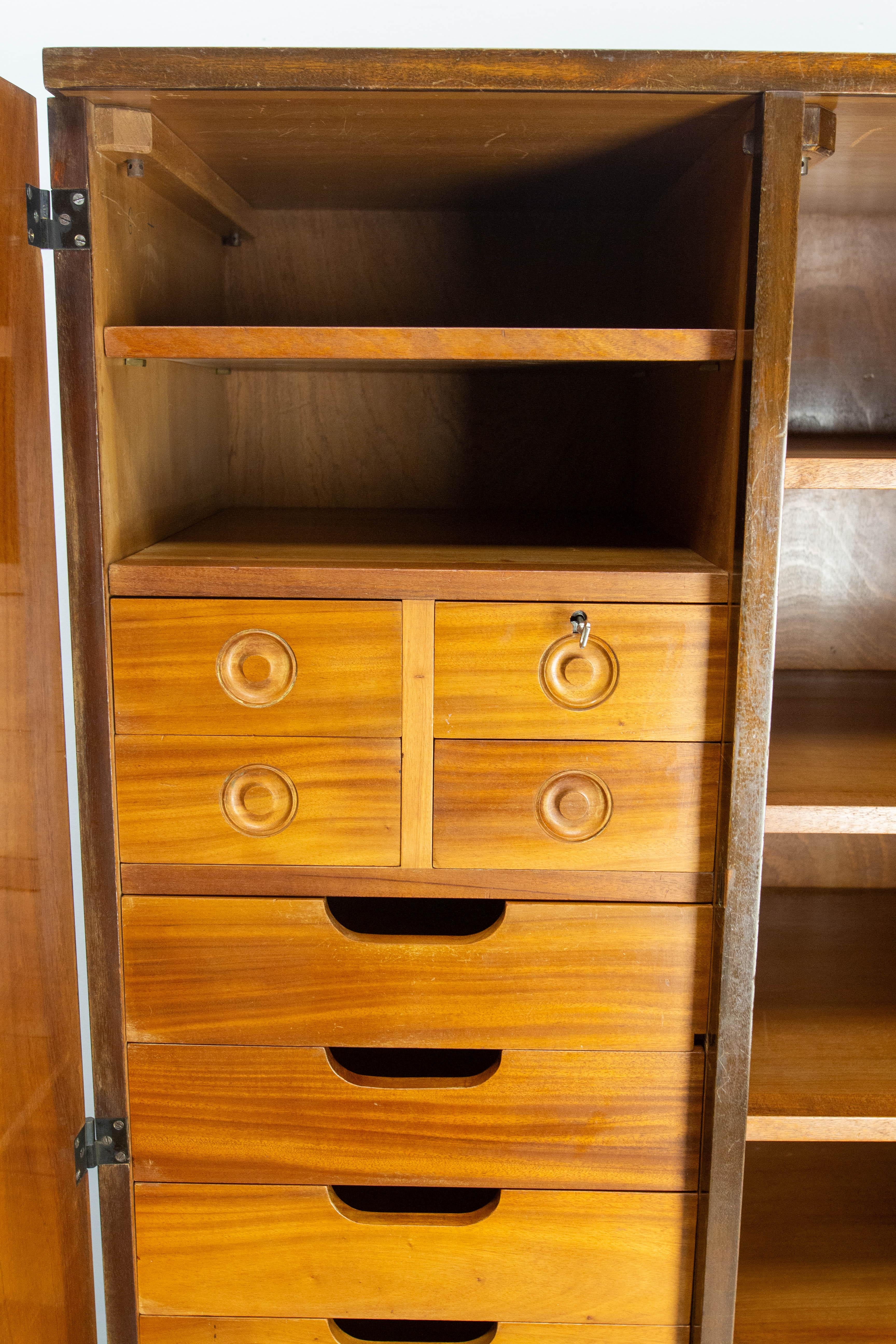 French A Deco Dressing Armoire Beveled Mirror Many Drawers & Shelves, circa 1930 For Sale 4