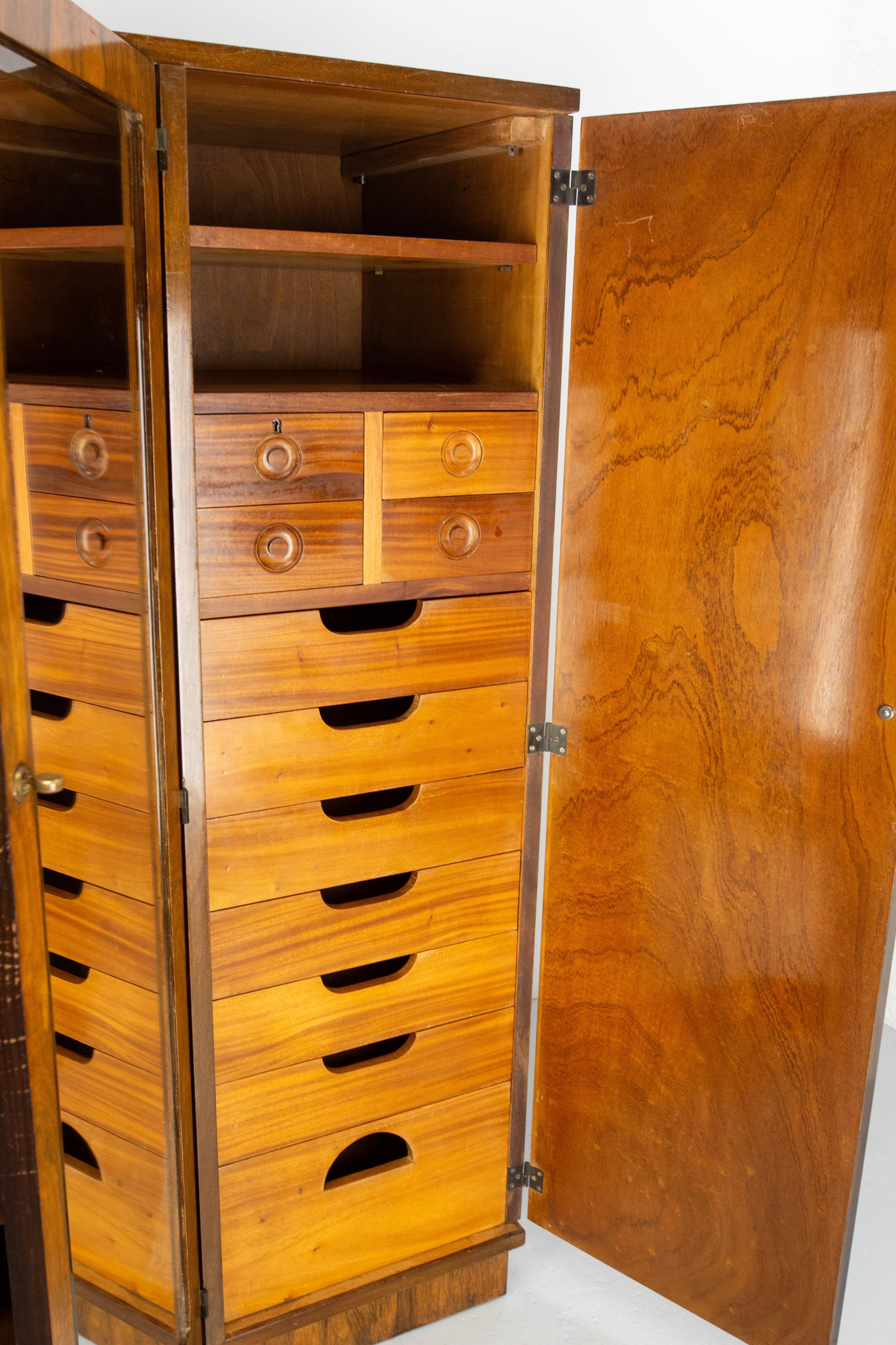 French A Deco Dressing Armoire Beveled Mirror Many Drawers & Shelves, circa 1930 For Sale 6