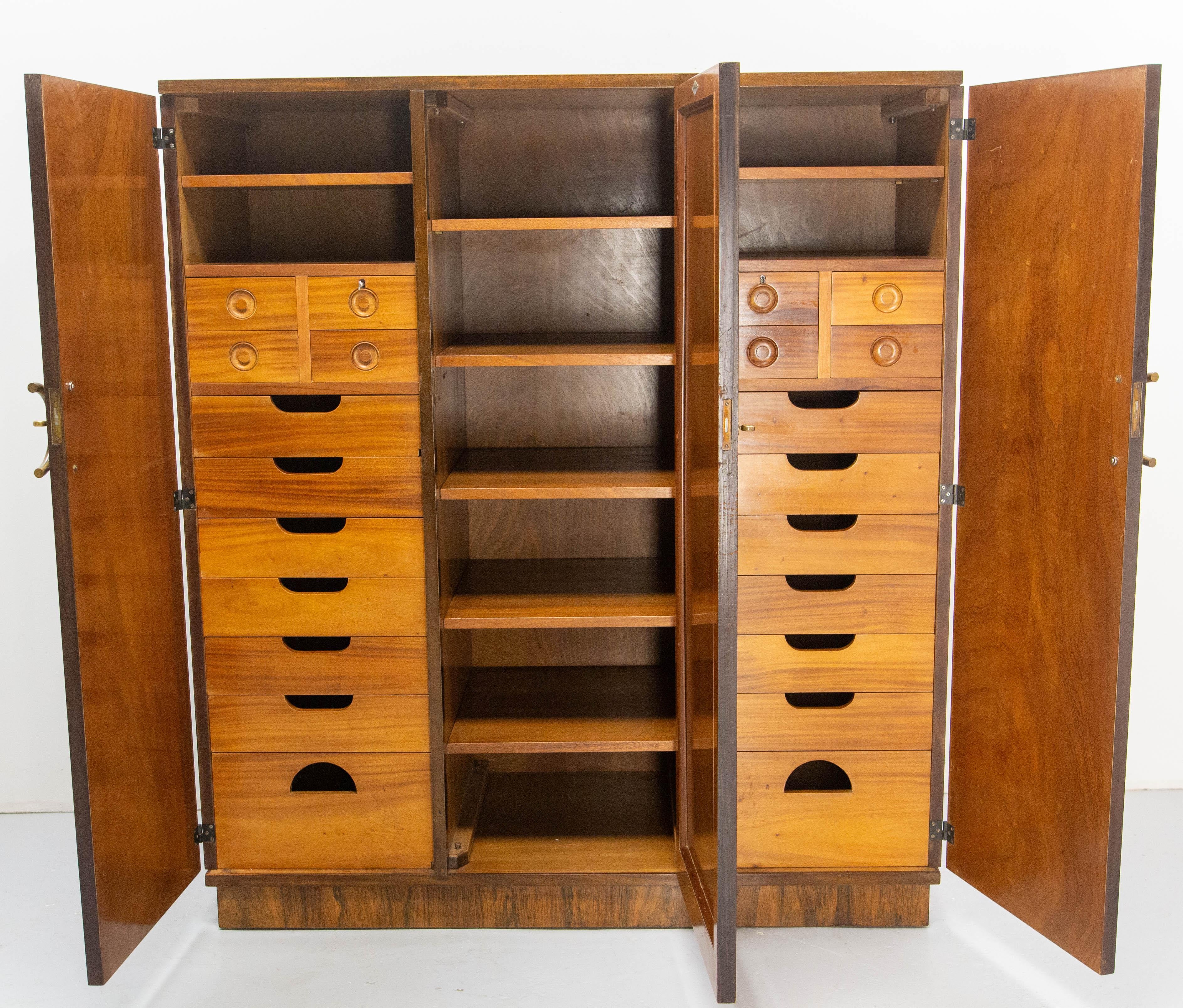 French A Deco Dressing Armoire Beveled Mirror Many Drawers & Shelves, circa 1930 For Sale 3