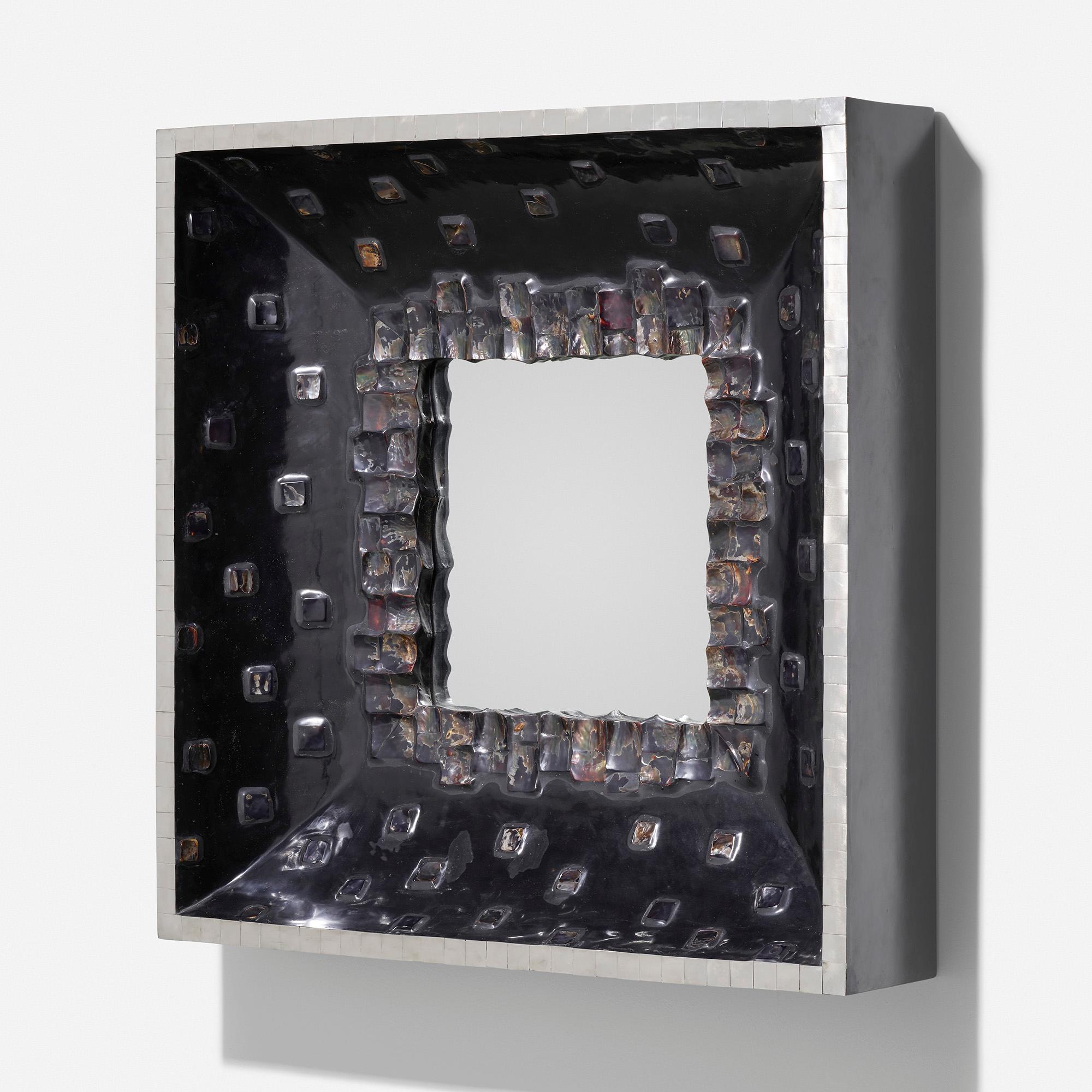 Created: c. 1965

Material: abalone, mirrored glass, painted resin, aluminum

Size: 35.5 W × 7.25 D × 35.5 H in.