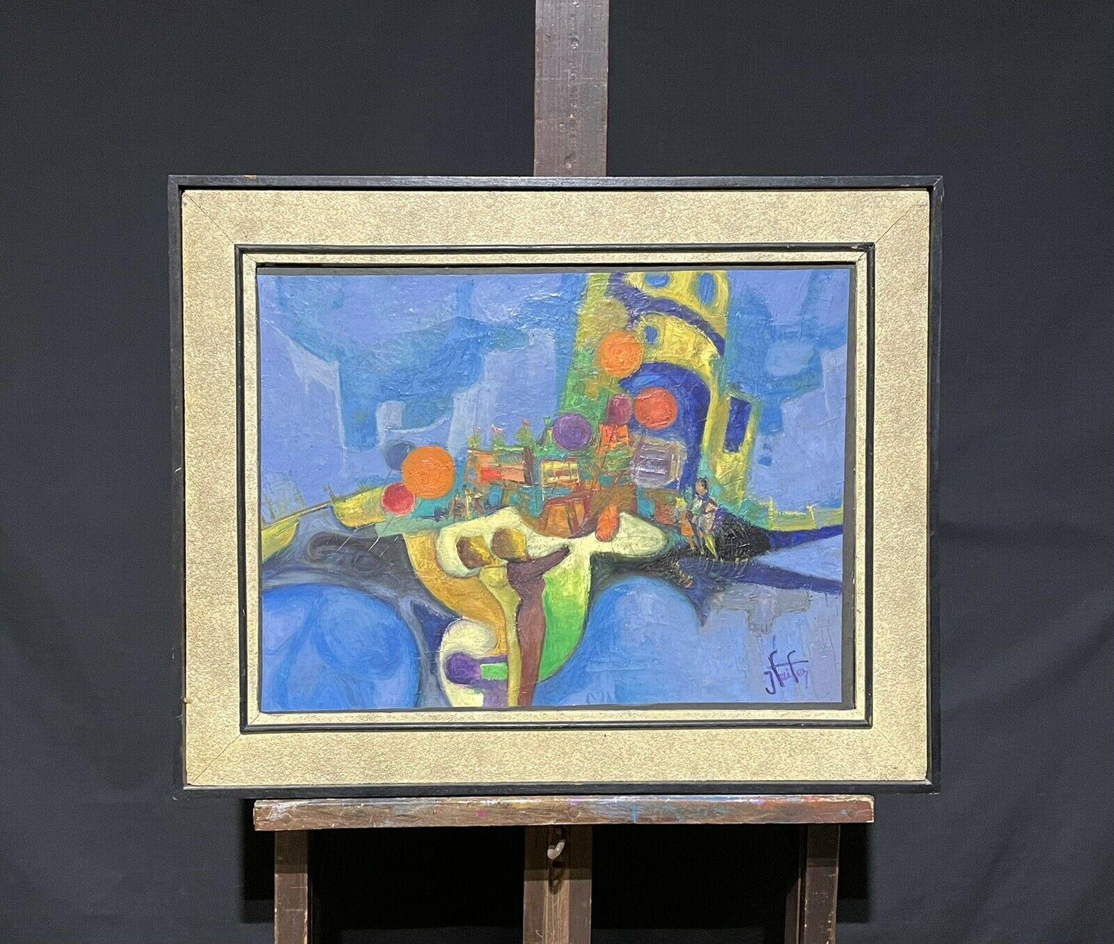 LARGE FRENCH SIGNED ORIGINAL CUBIST ABSTRACT OIL - FIGURES BEFORE TOWER - Painting by Unknown