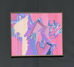 French Contemporary Signed Abstract Pink Geometric Figure Oil Painting
