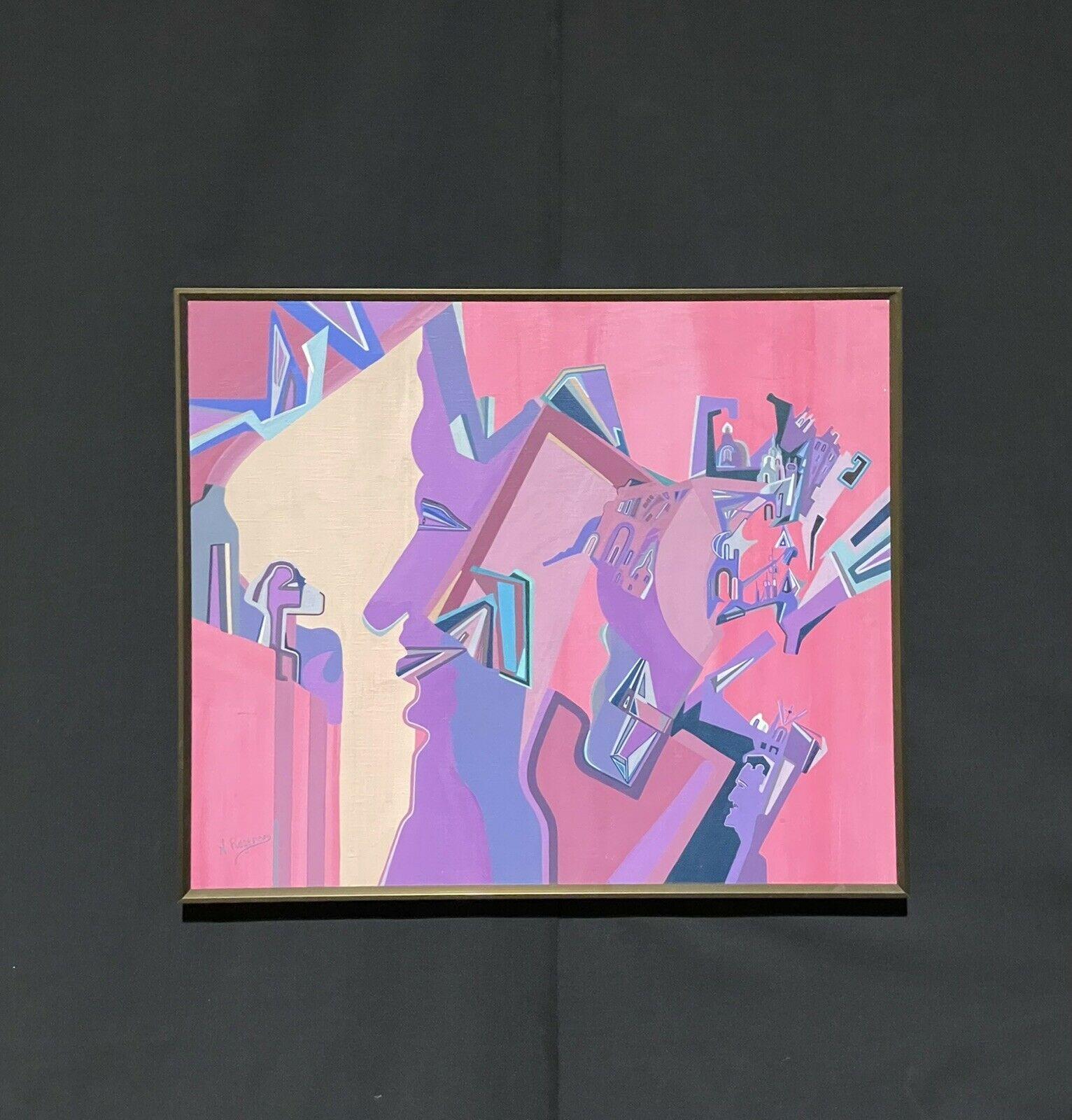 LARGE FRENCH CONTEMPORARY SIGNED ABSTRACT PAINTING - AMAZING COLORS & SHAPES - Purple Landscape Painting by Unknown