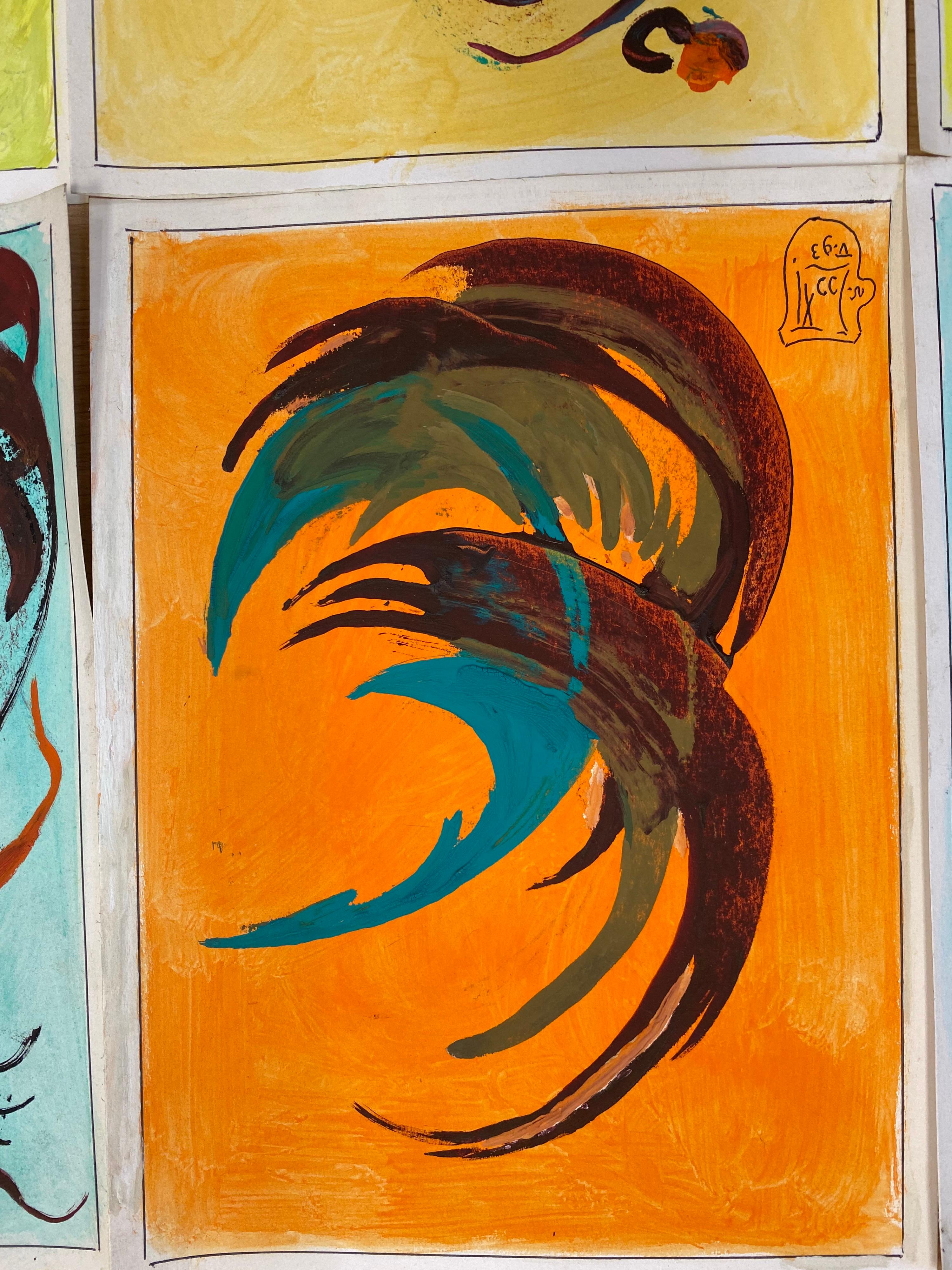Set von 6 originalen französischen abstrakten Ölgemälden, jeweils signiert und datiert  im Angebot 3