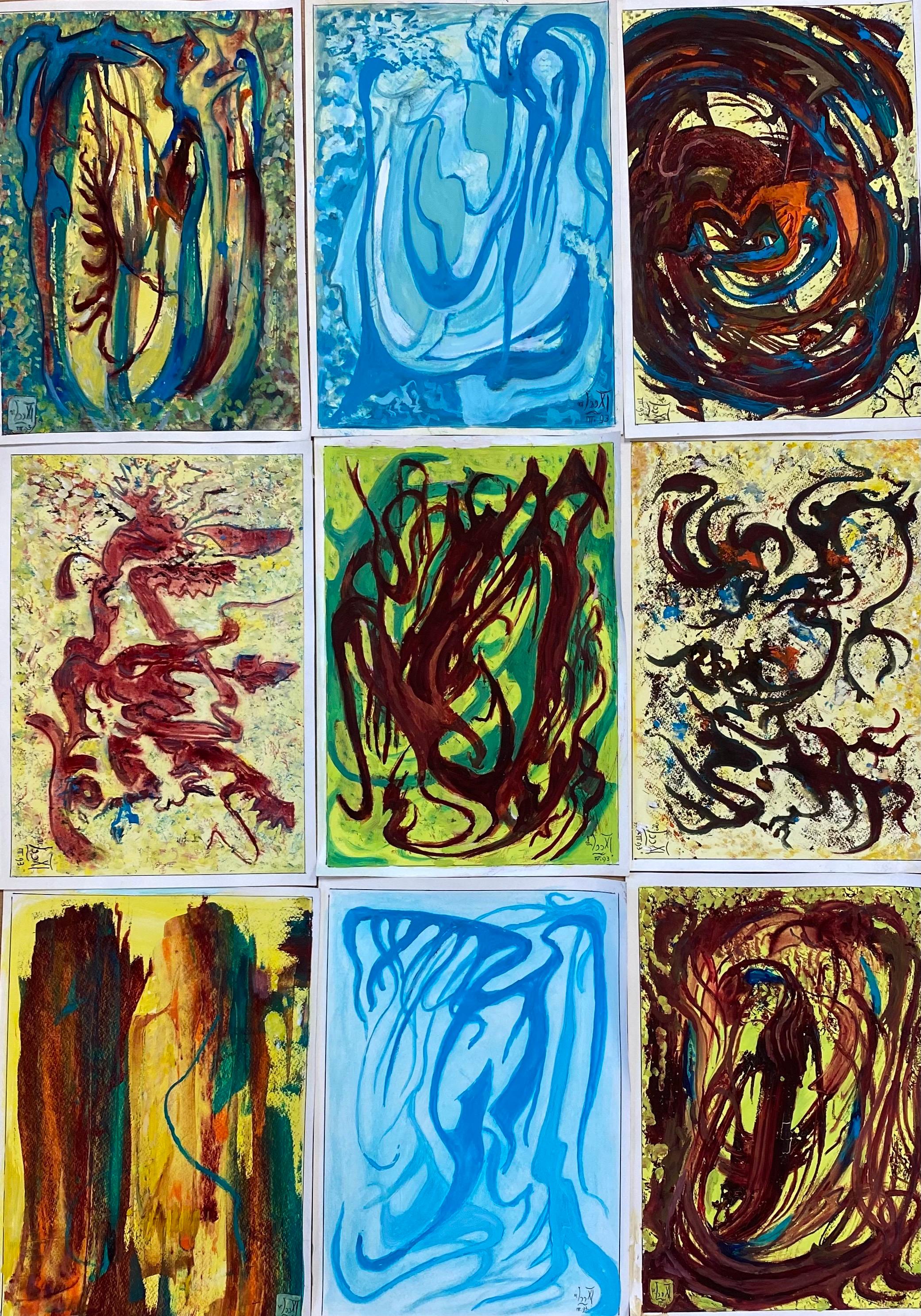 Set of 9 Original French Abstract Oil Paintings - each Signed & Dated 