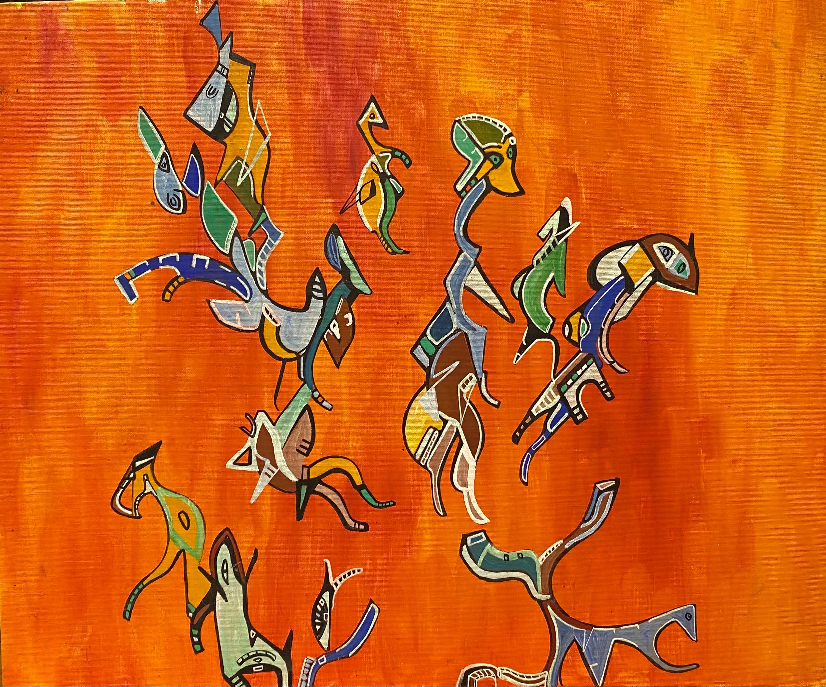 Unknown Abstract Painting – Leuchtend & farbenfrohes französisches abstraktes Ölgemälde in erstaunlichen Formen und Farben