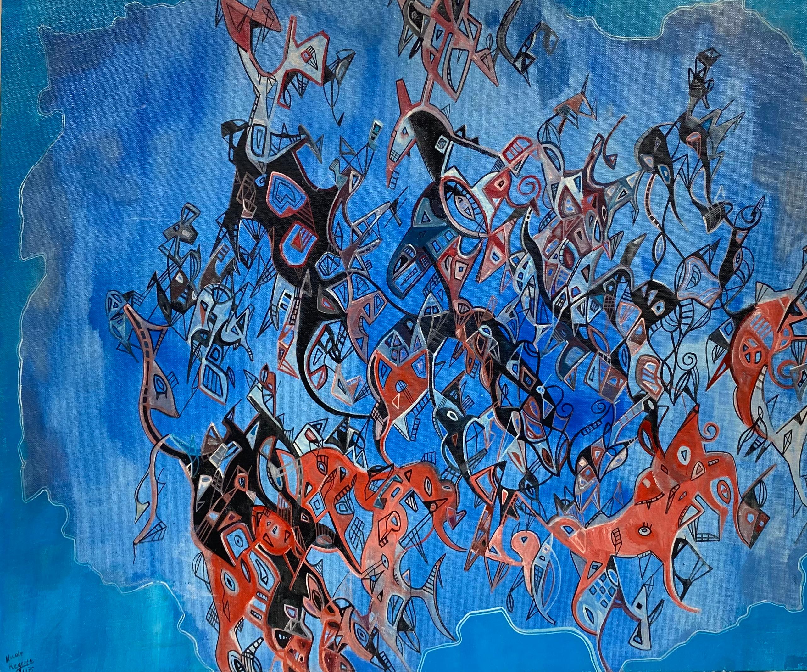 Bright & Colorful French Signed Abstract Oil Painting Amazing Shapes & Colors